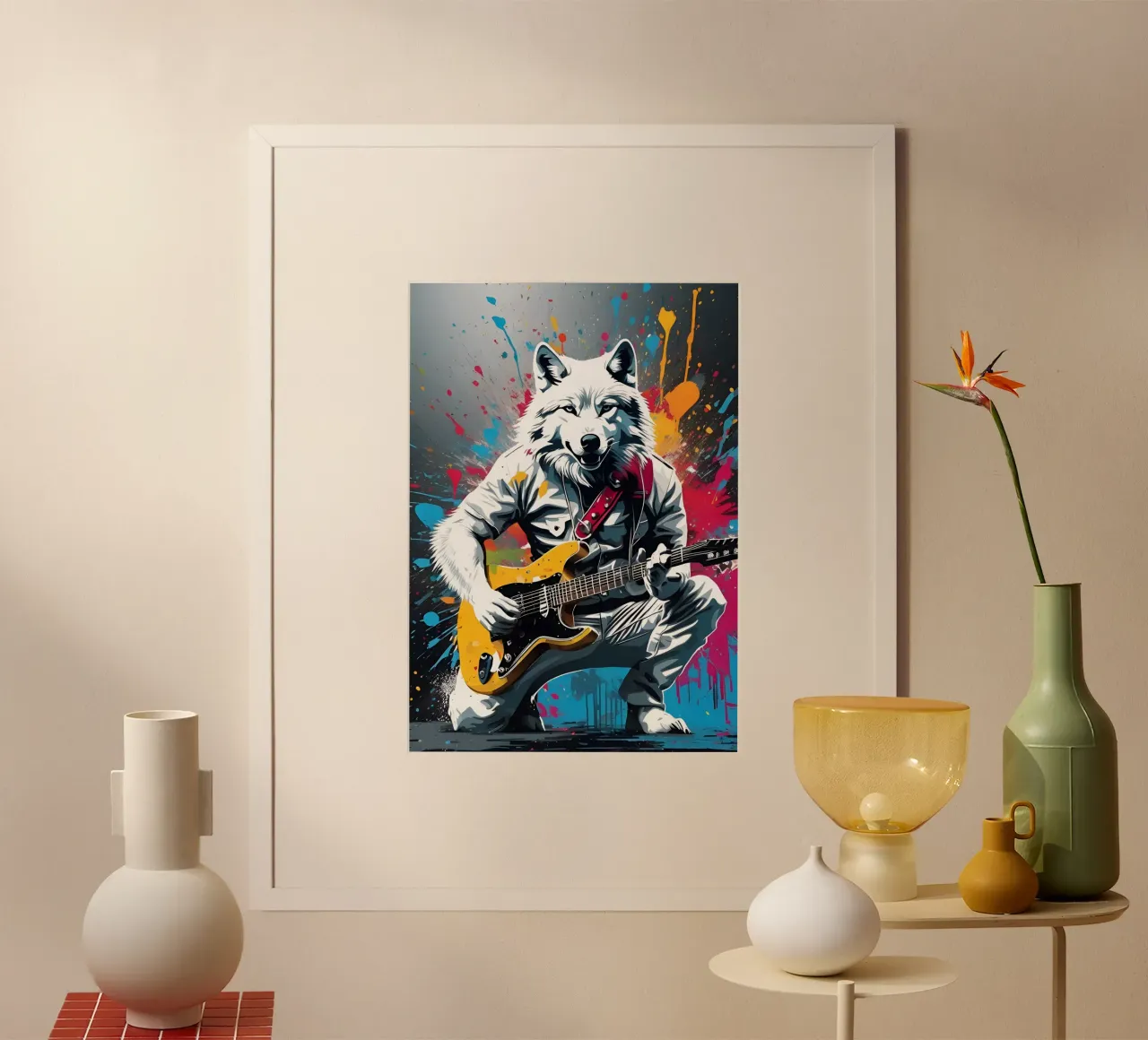 Lupo bianco che suona la chitarra, graffiti poster con telaio in alluminio da MakArena