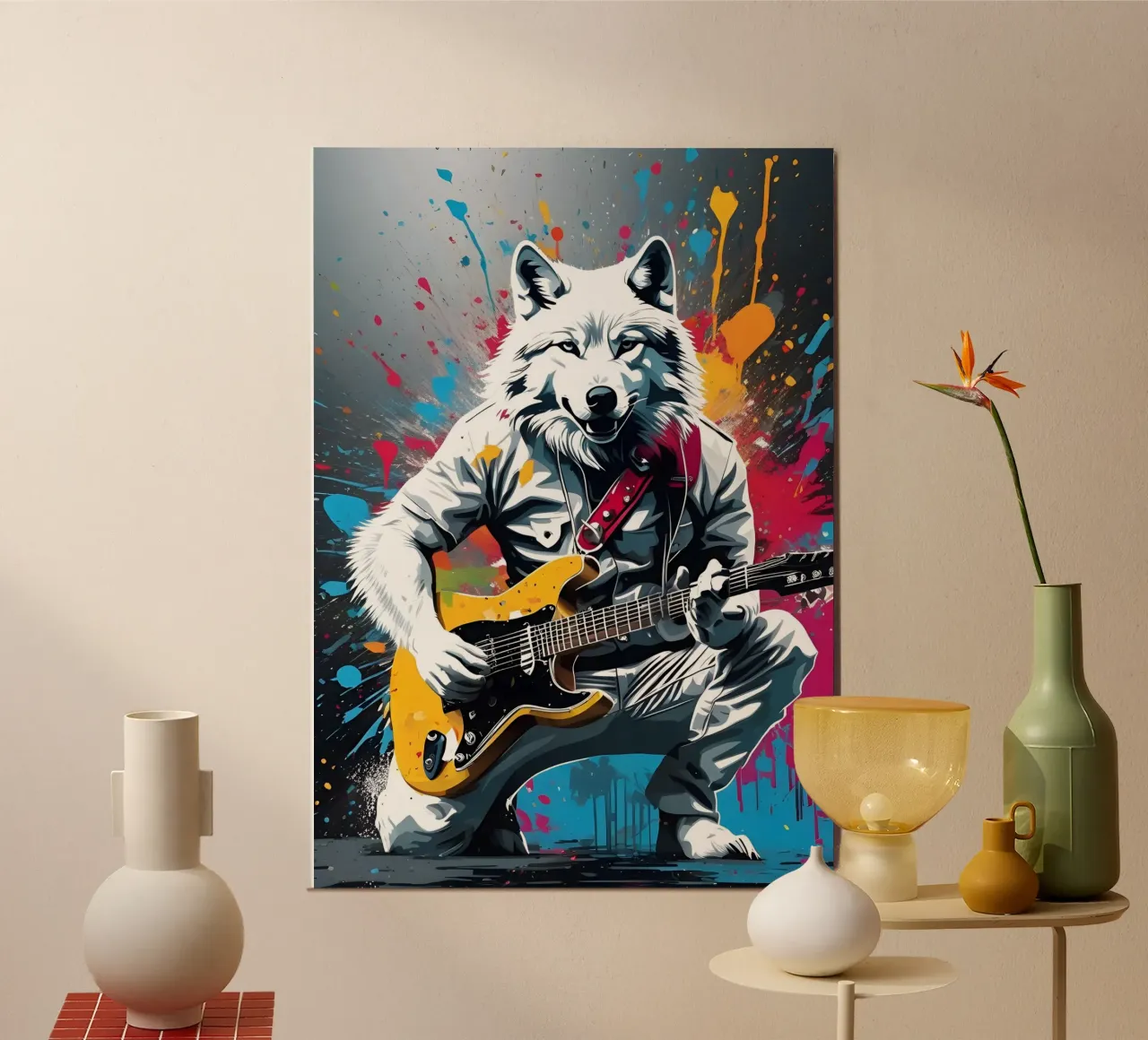 Lupo bianco che suona la chitarra, graffiti poster con telaio in alluminio da MakArena