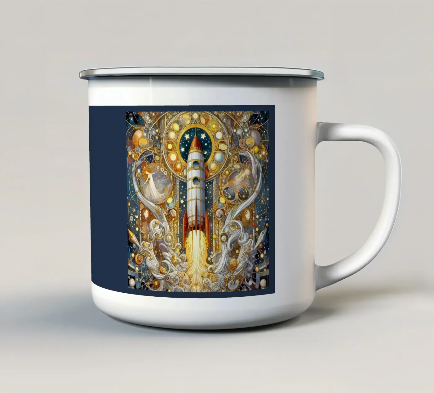 Rocket enamel mug by Art-Nouveau-Dsg