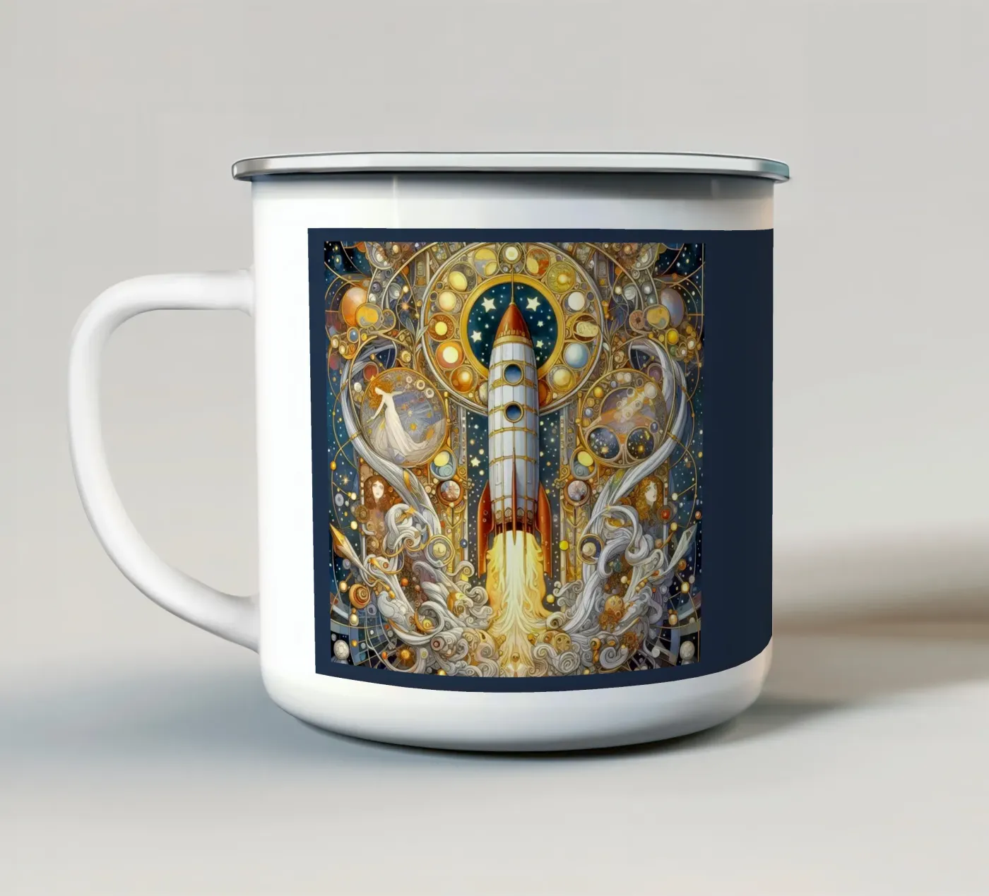 Rocket enamel mug by Art-Nouveau-Dsg