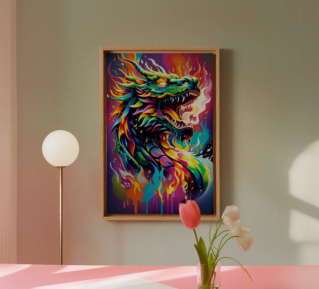 Dragon fire neon graffiti pop art tela con Cornice a cassetta da MakArena