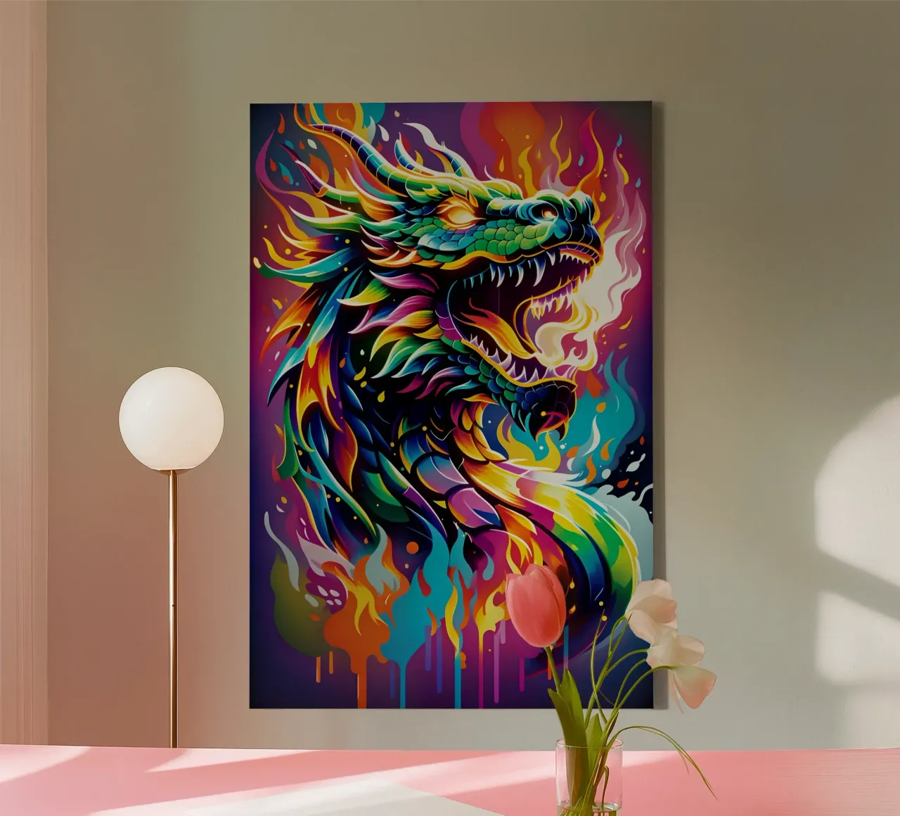 Dragon fire neon graffiti pop art tela con Cornice a cassetta da MakArena