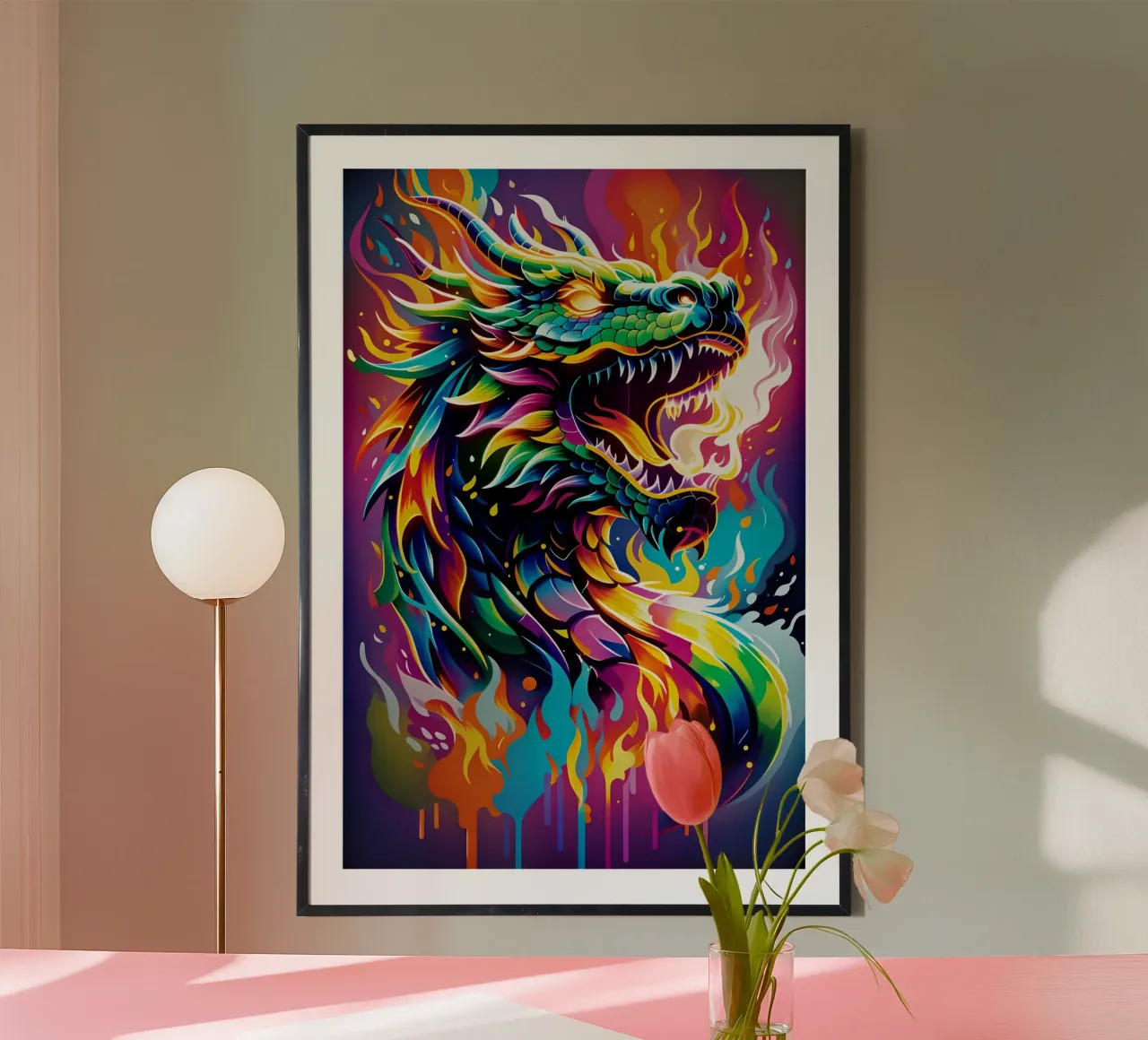 Dragon fire neon graffiti pop art poster con telaio in plastica da MakArena