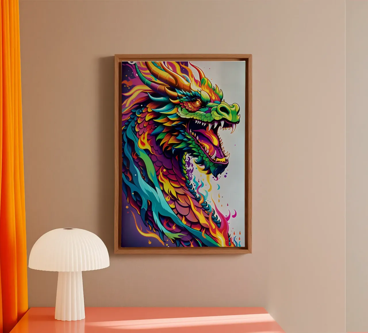 Drache Porträt Neon Graffiti wpap Leinwand mit Schattenfugenrahmen von MakArena