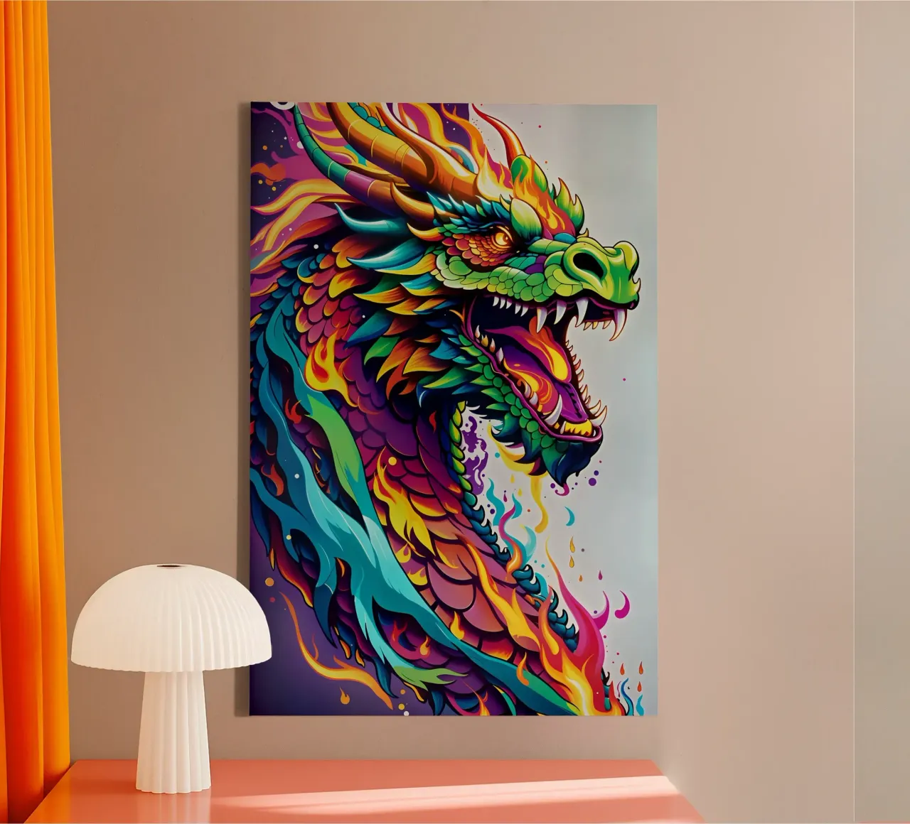Drache Porträt Neon Graffiti wpap Leinwand mit Schattenfugenrahmen von MakArena