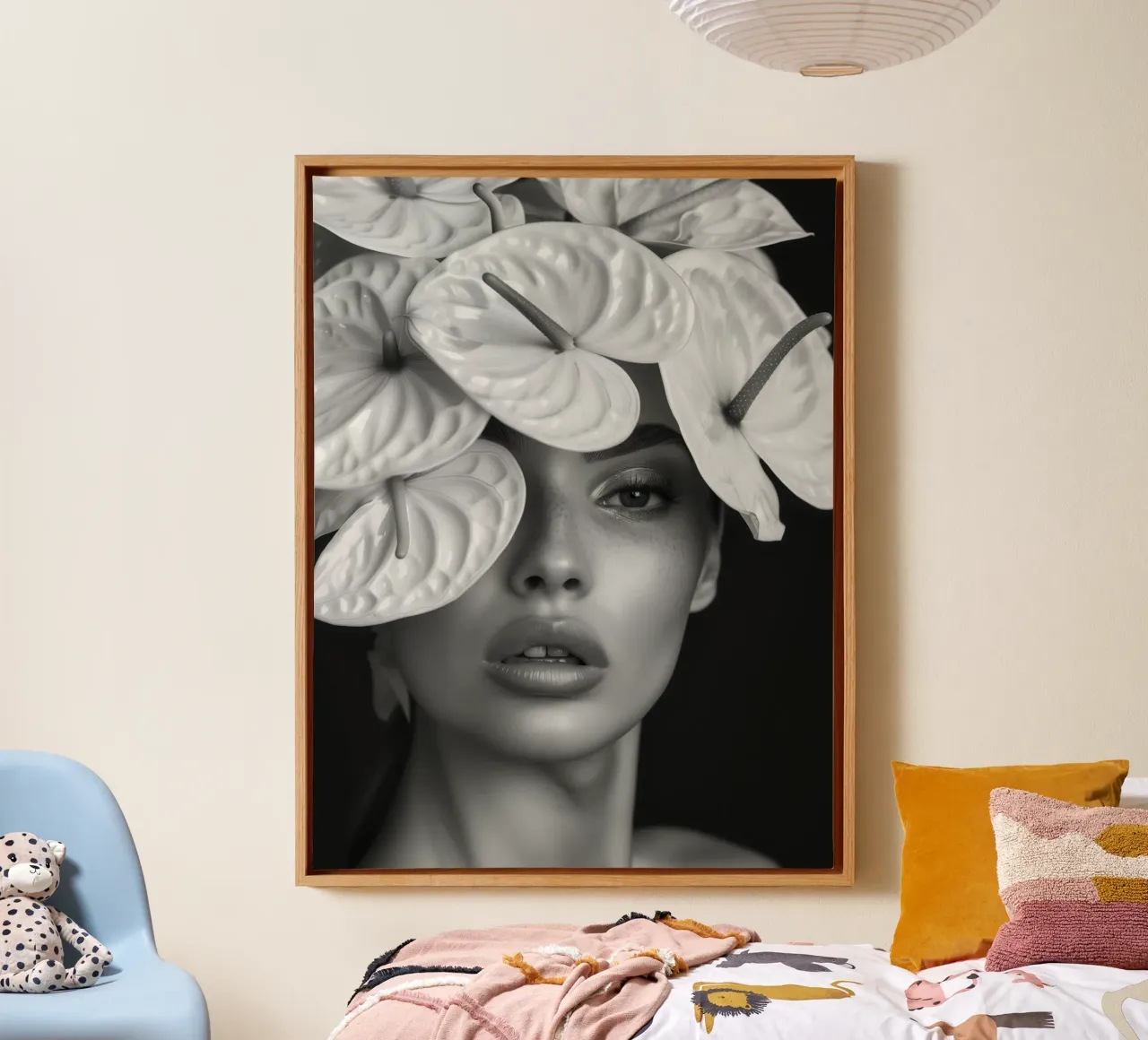 Ritratto di donna in Anthurium | Bianco e nero tela con Cornice a cassetta da Autofocus