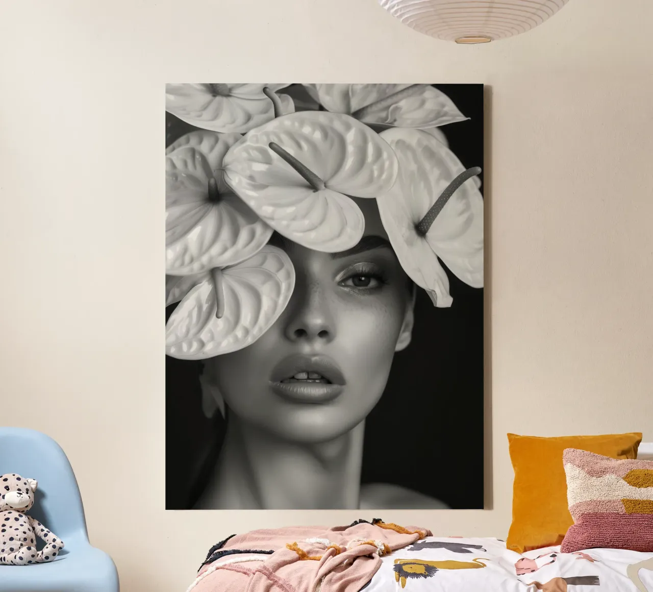 Ritratto di donna in Anthurium | Bianco e nero tela con Cornice a cassetta da Autofocus