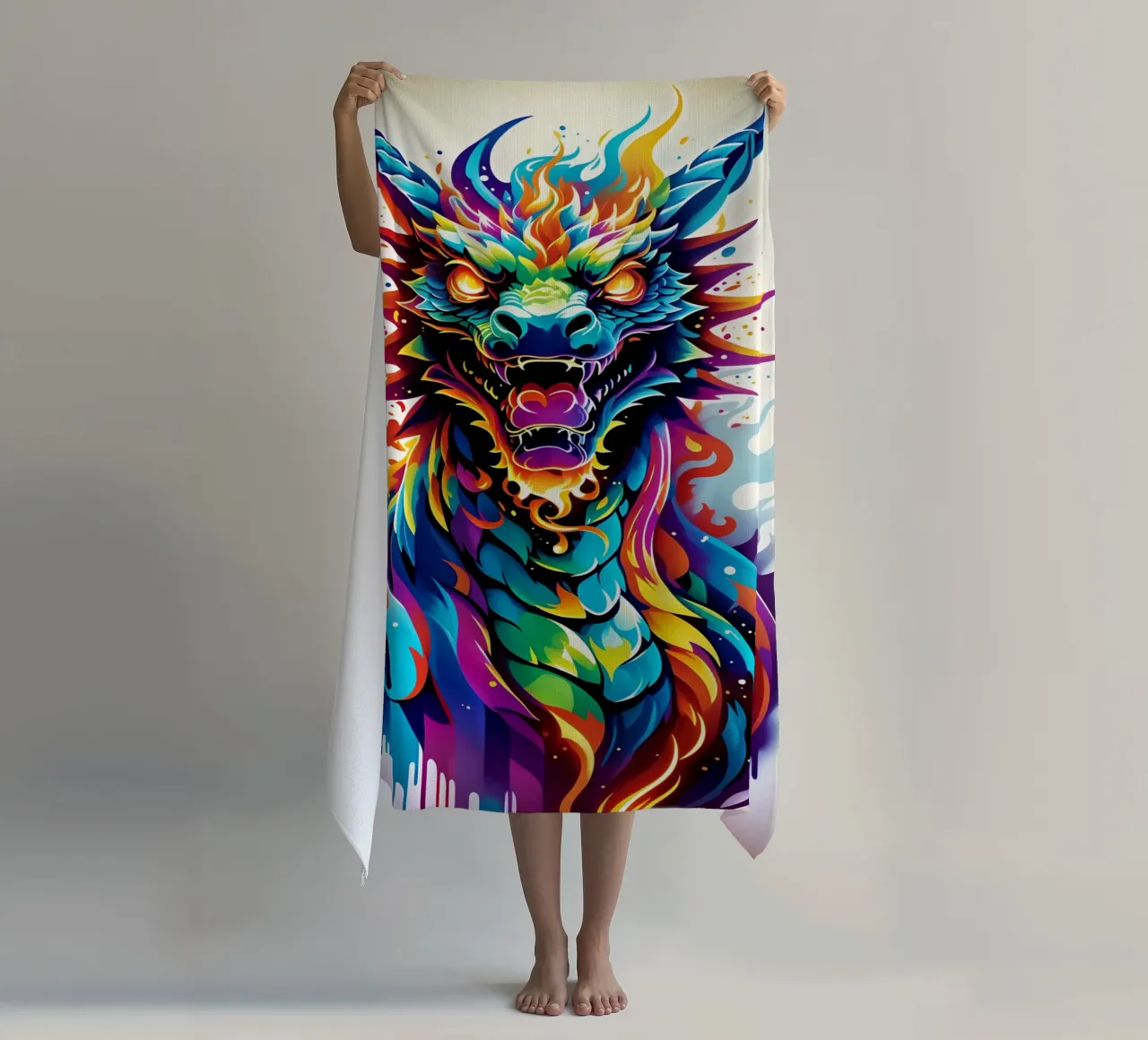 Dragon portrait neon wpap beach towel by MakArena
