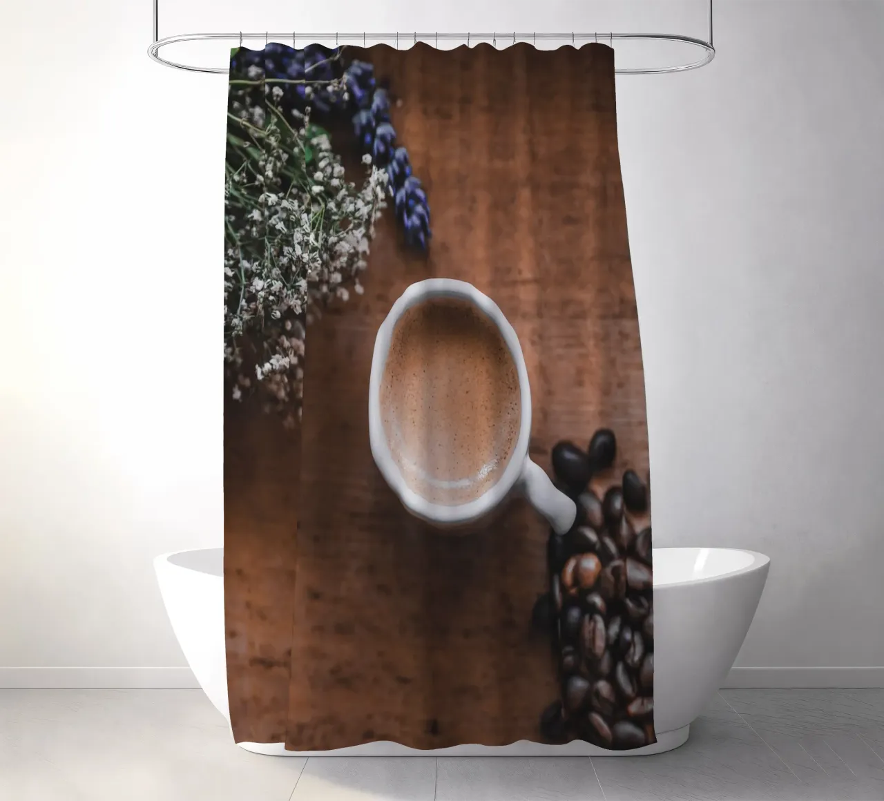 Mediterraner Espresso mit Lavendel shower curtain by Carinaprint