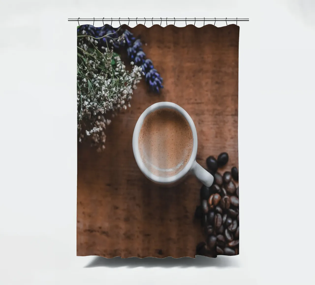 Mediterraner Espresso mit Lavendel shower curtain by Carinaprint