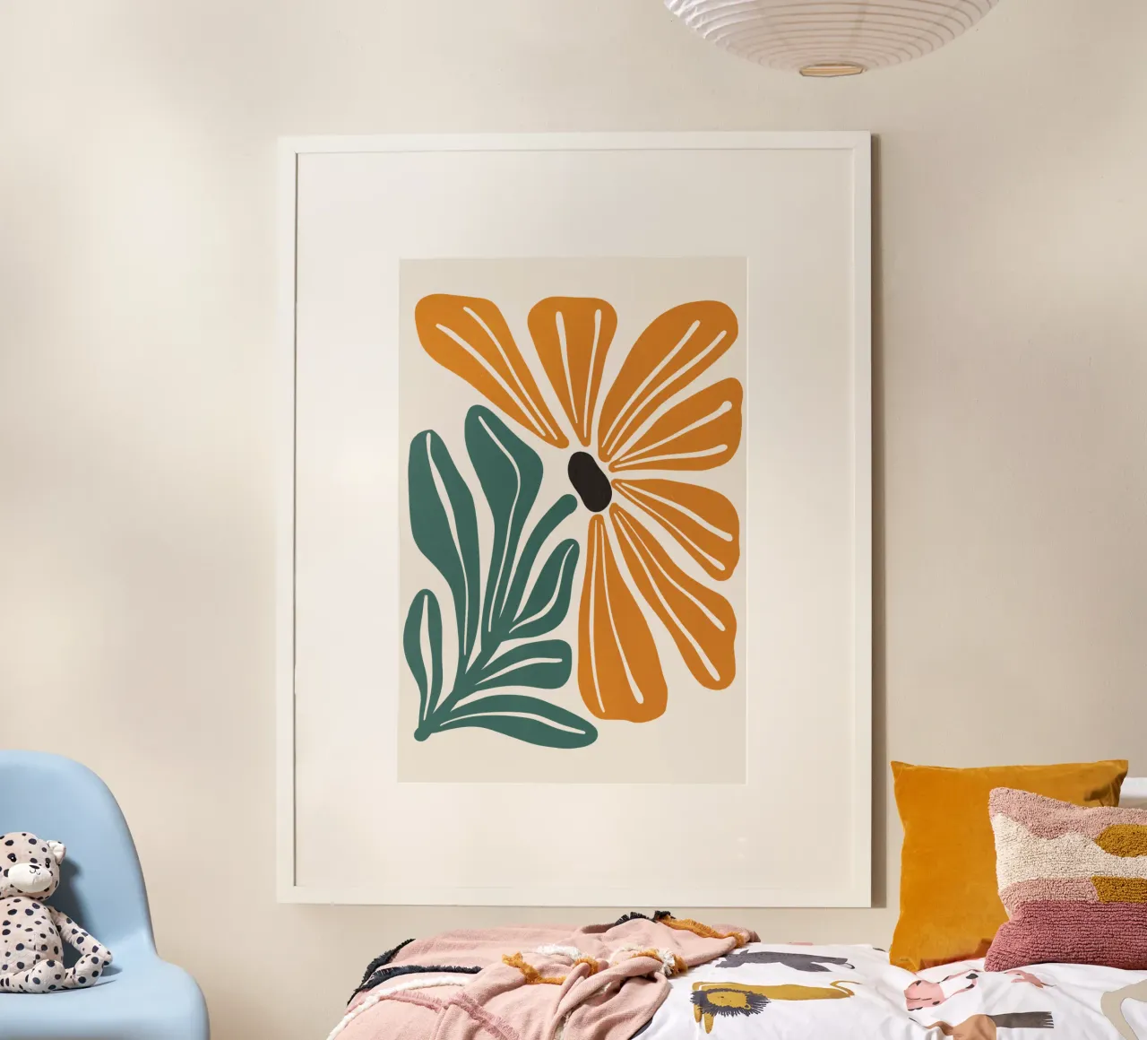 Retro Floral Wall Art Print, Abstract Orange Flower Artwork poster con telaio in legno da Studio Mooodz