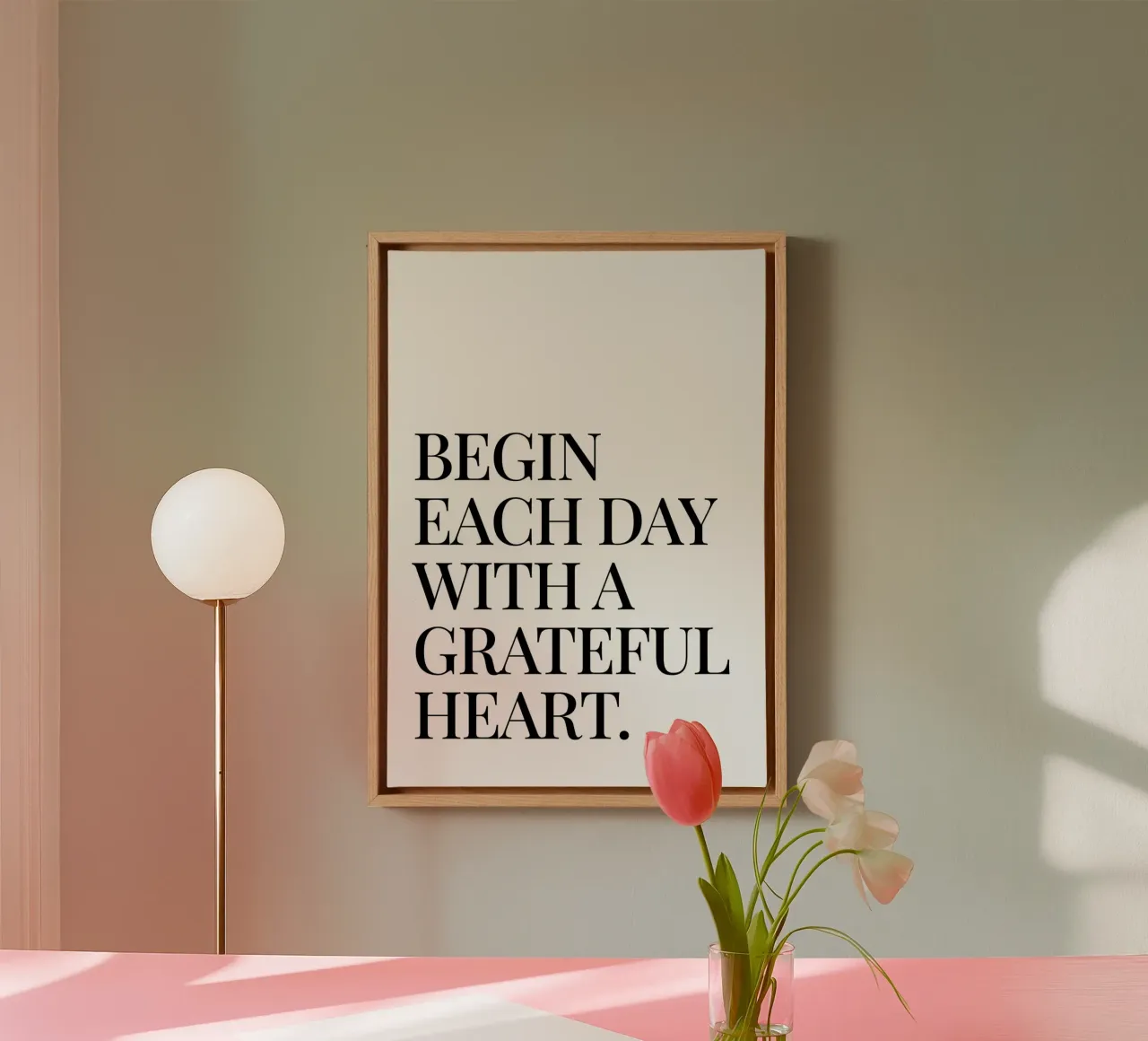 Begin each day with a grateful heart quote canvas with Floater frame by Paigaam Studio