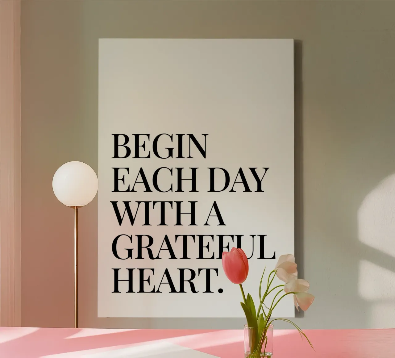 Begin each day with a grateful heart quote canvas with Floater frame by Paigaam Studio