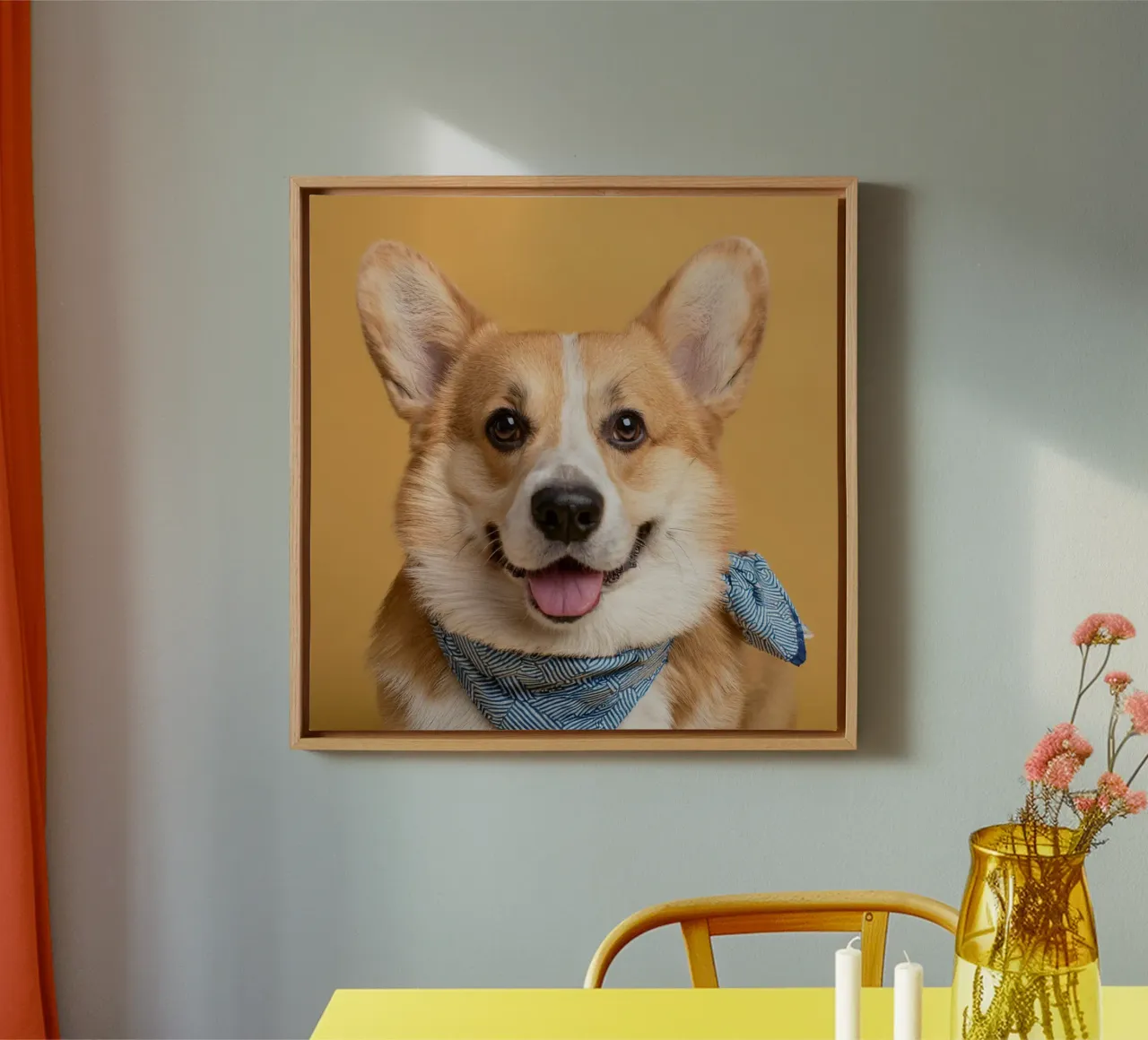 Corgi sorridente con bandana blu | Adorabile cane da parete tela con Cornice a cassetta da FlexiDesignsByK