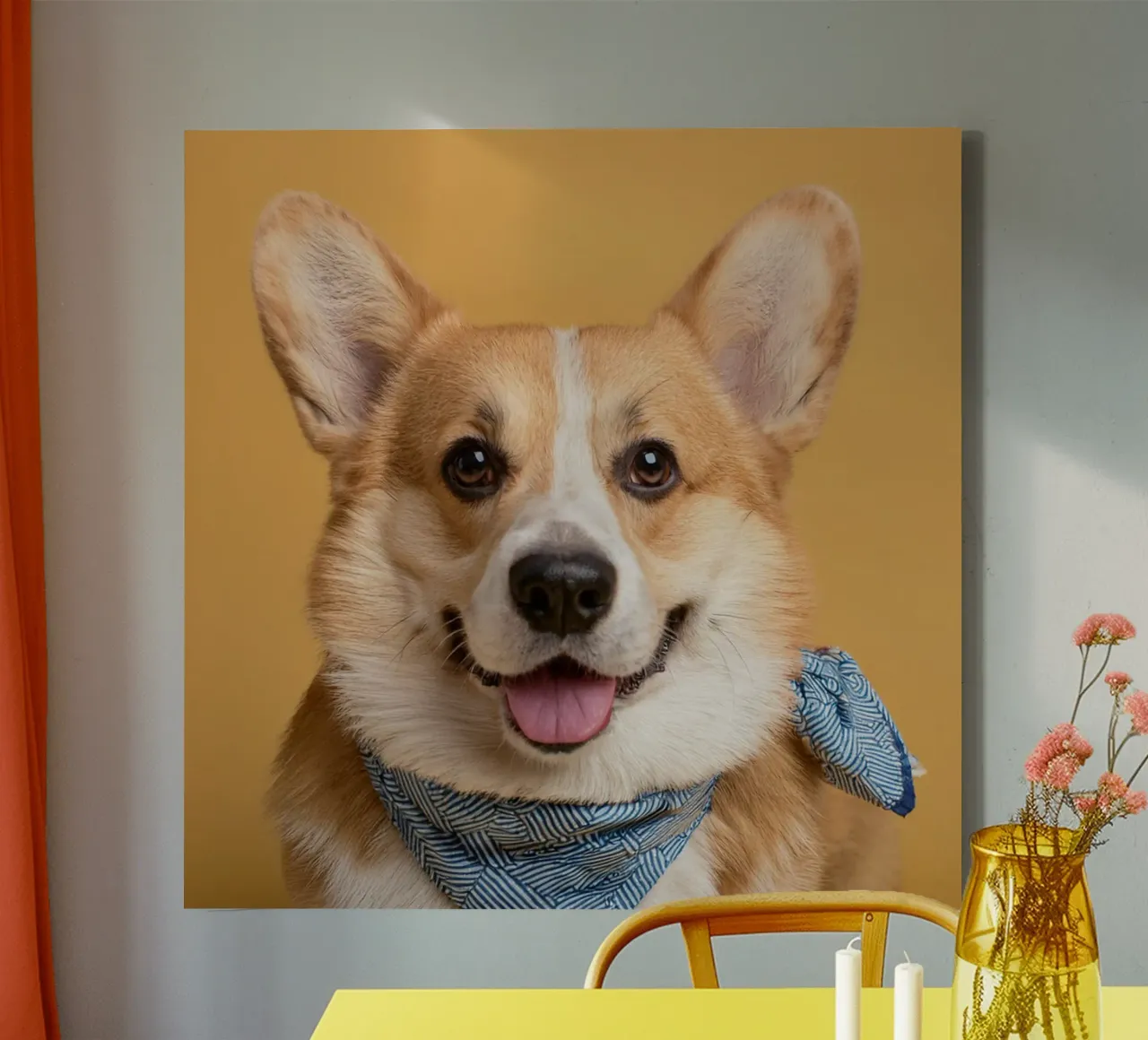 Corgi sorridente con bandana blu | Adorabile cane da parete tela con Cornice a cassetta da FlexiDesignsByK
