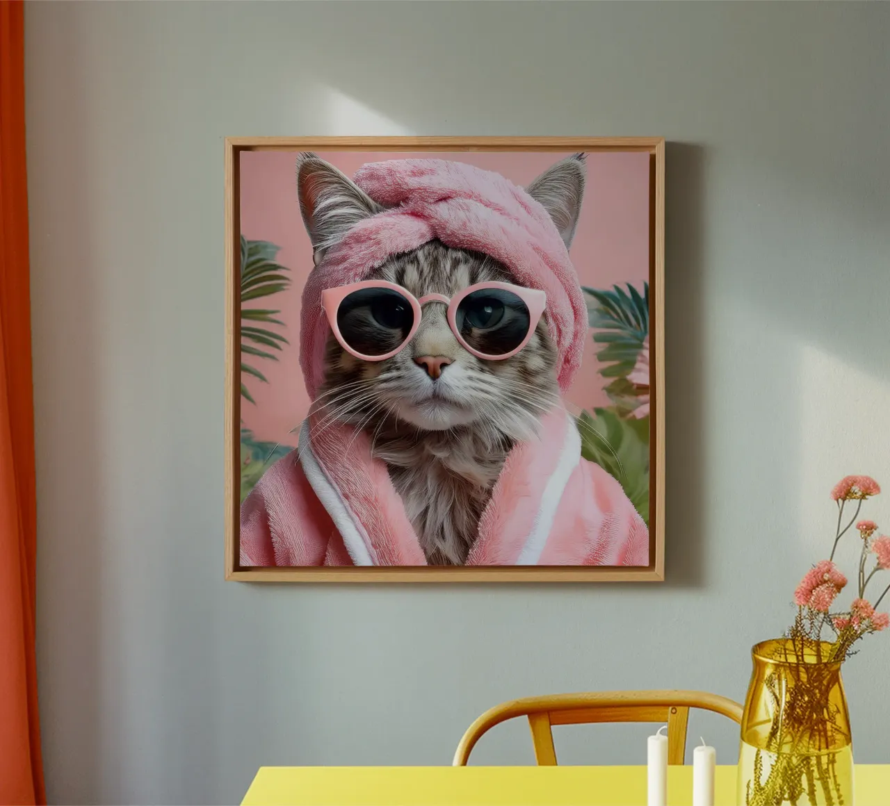 Coole kat met zonnebril en badjas | Leuke tropische muursticker canvas met Baklijst van FlexiDesignsByK