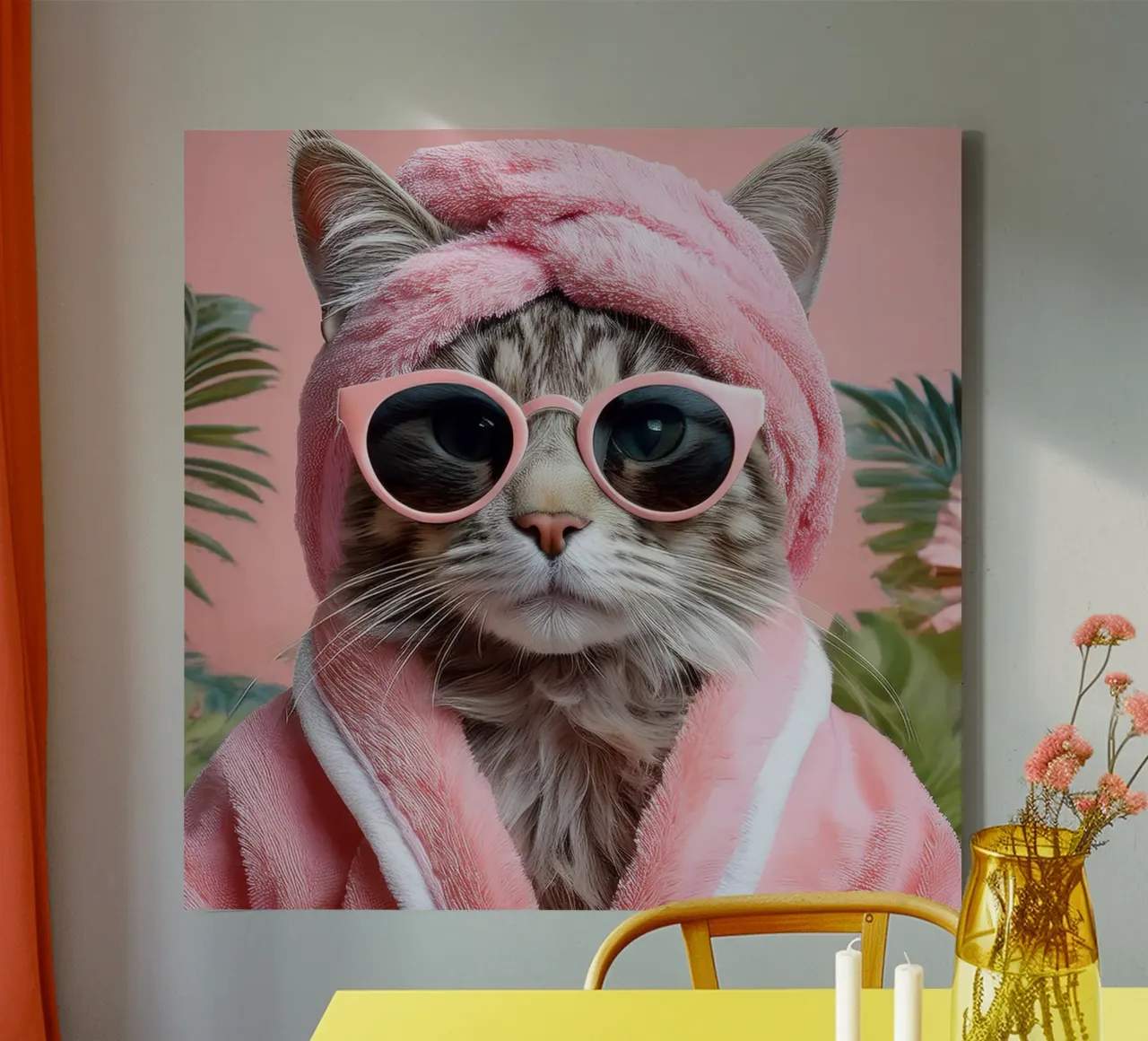 Coole kat met zonnebril en badjas | Leuke tropische muursticker canvas met Baklijst van FlexiDesignsByK