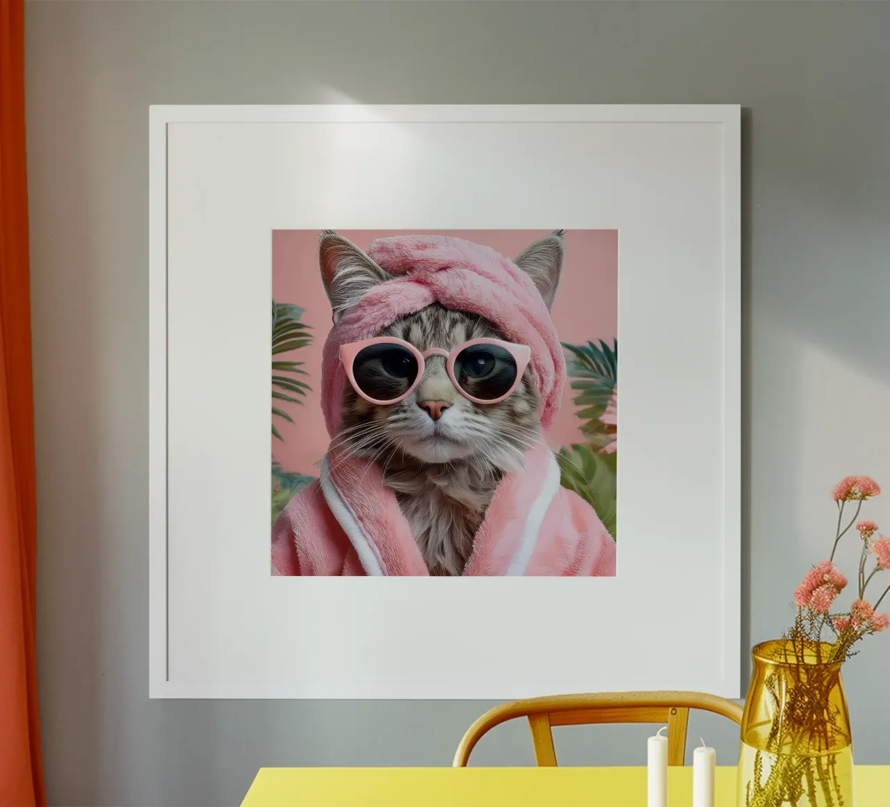 Gatto cool con occhiali da sole e accappatoio | Divertente arte da parete tropicale poster con telaio in legno da FlexiDesignsByK