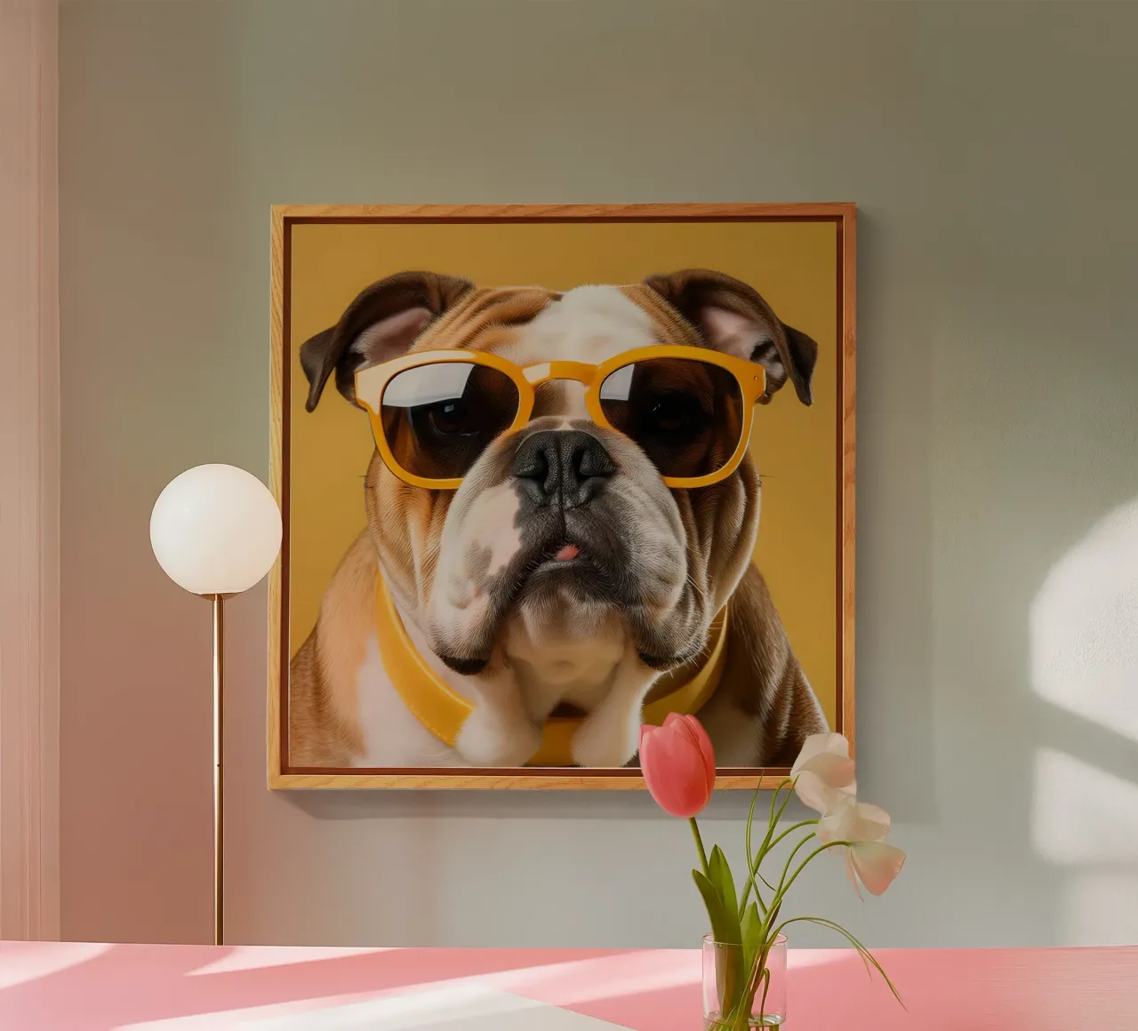 Cool Bulldog in Yellow Sunglasses | Trendy Dog Wall Art acrylic glass by FlexiDesignsByK