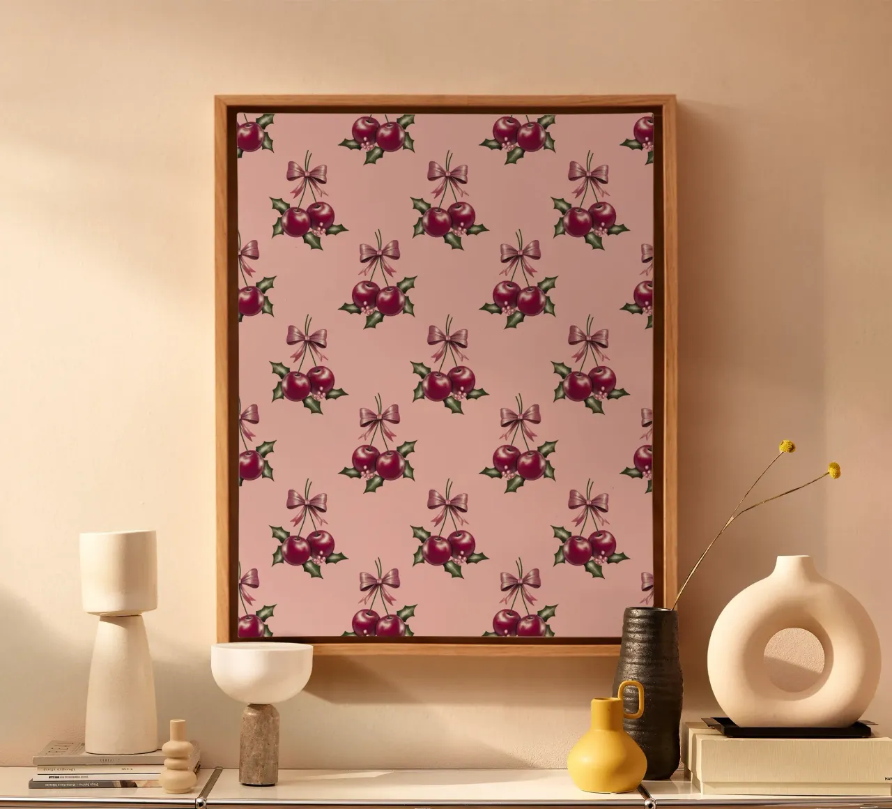 Cherry and Bows Pink Pattern tela con Cornice a cassetta da anisillustration