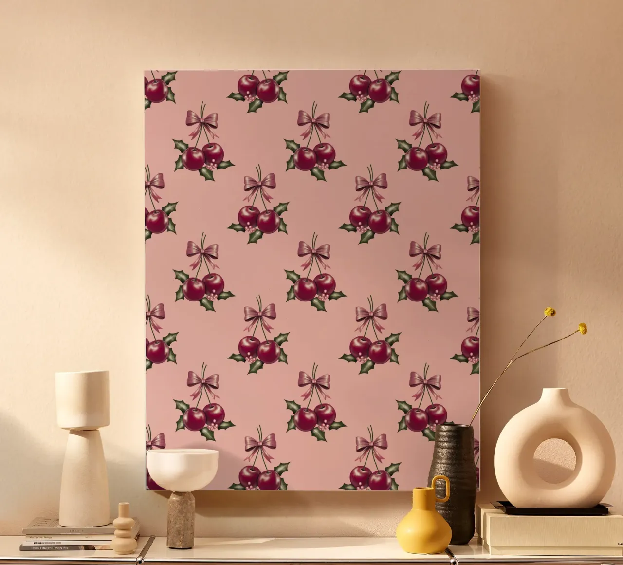 Cherry and Bows Pink Pattern tela con Cornice a cassetta da anisillustration