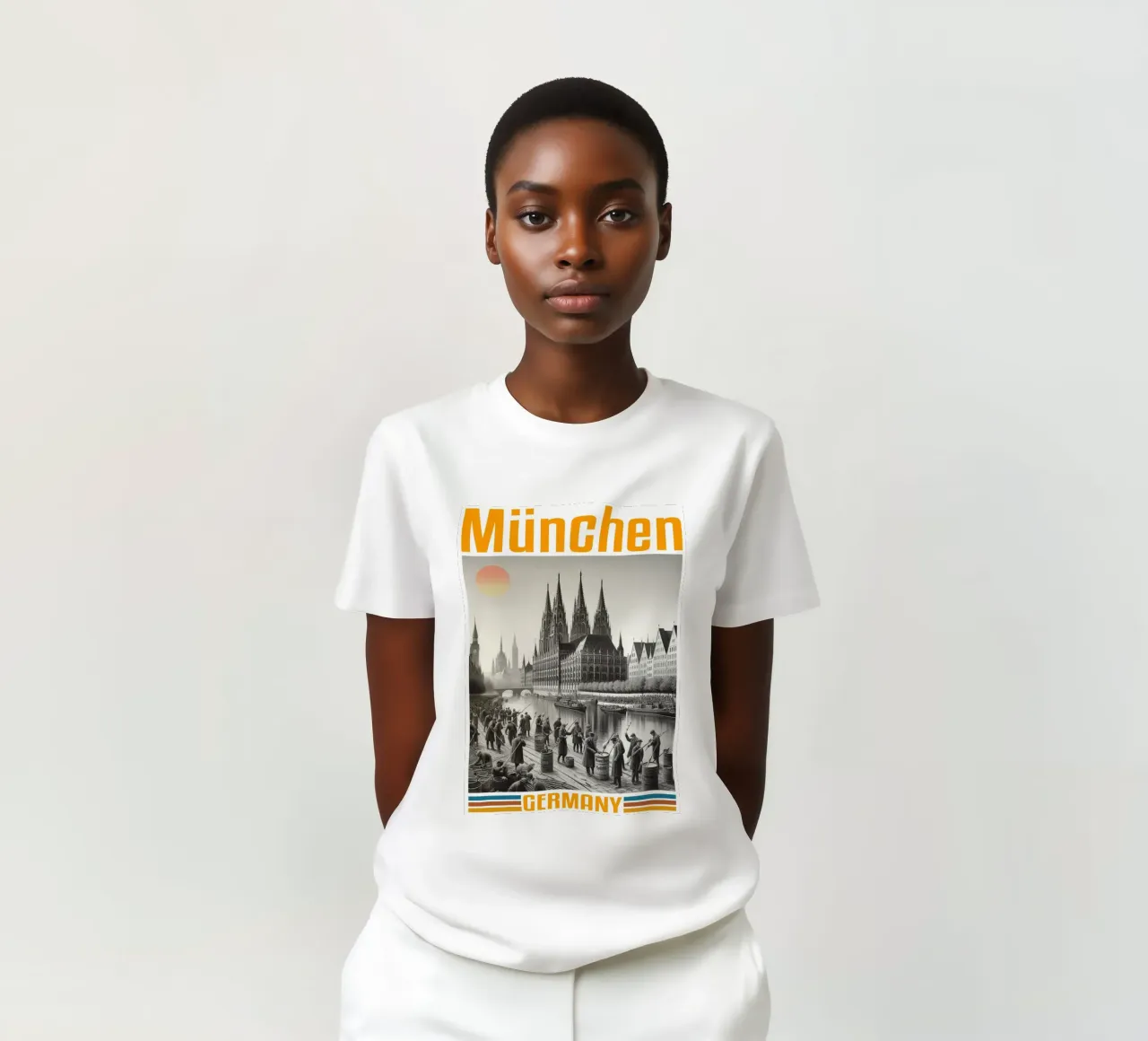panorama della città di munchen anni '70 classico retrò t-shirt da theganduls