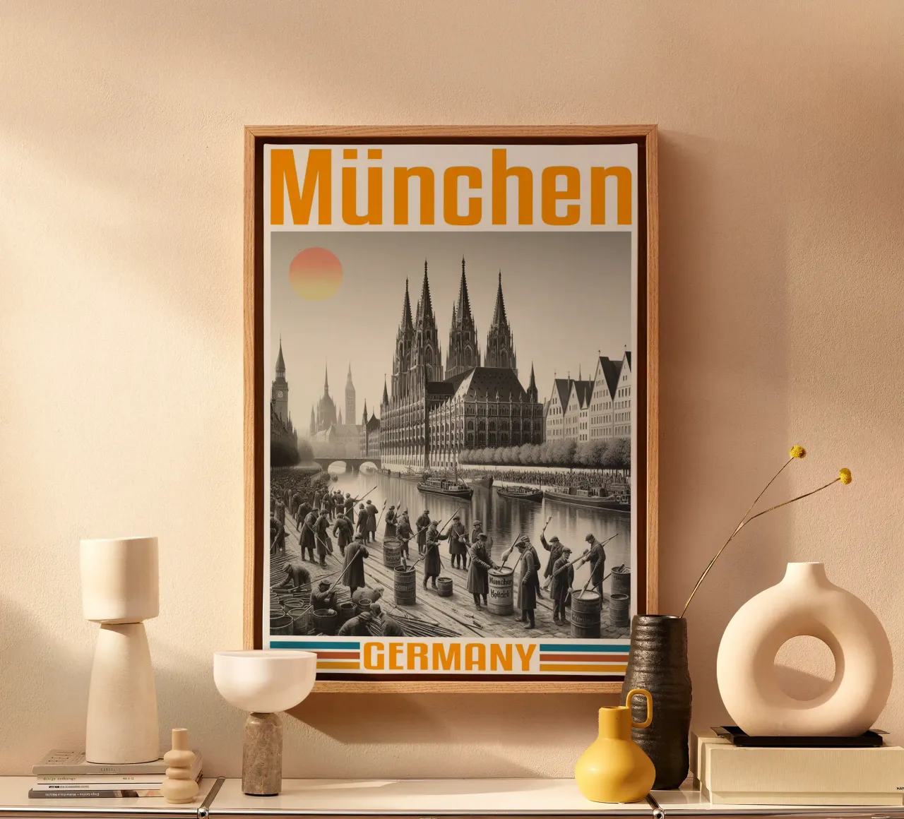 panorama della città di munchen anni '70 classico retrò tela con Cornice a cassetta da theganduls