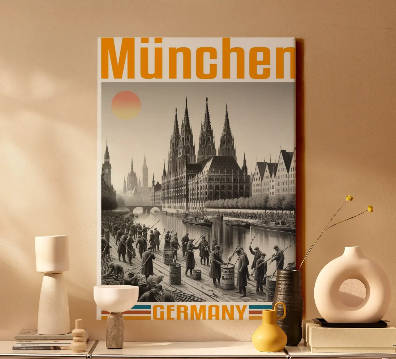 panorama della città di munchen anni '70 classico retrò tela con Cornice a cassetta da theganduls