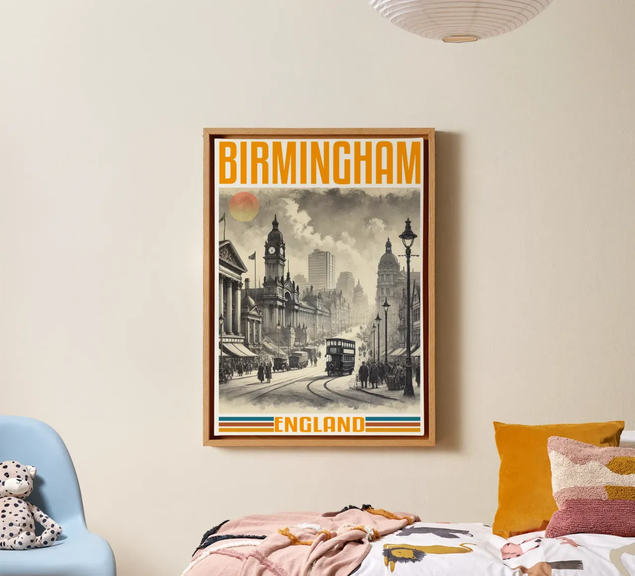 birmingham stadspanorama 70's klassiek retro canvas met Baklijst van theganduls