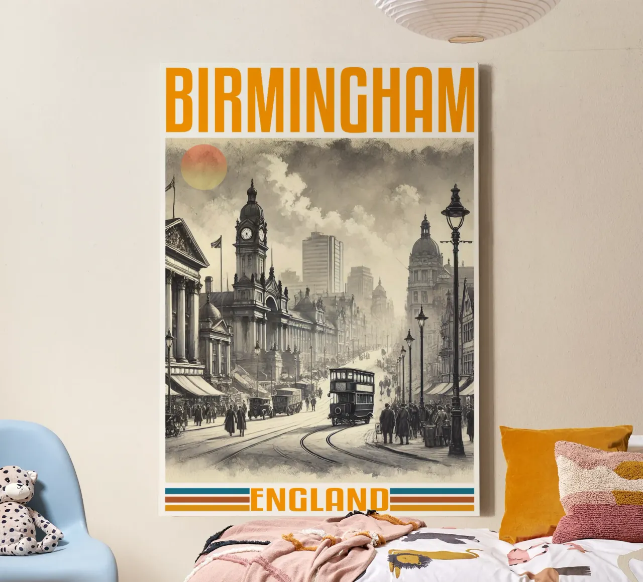 birmingham stadspanorama 70's klassiek retro canvas met Baklijst van theganduls
