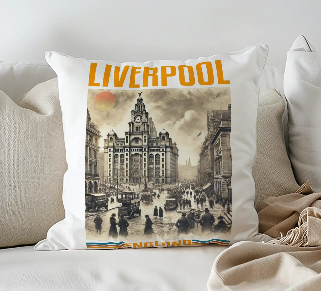 liverpool city panorama 70's classic retro decorative cushion by theganduls