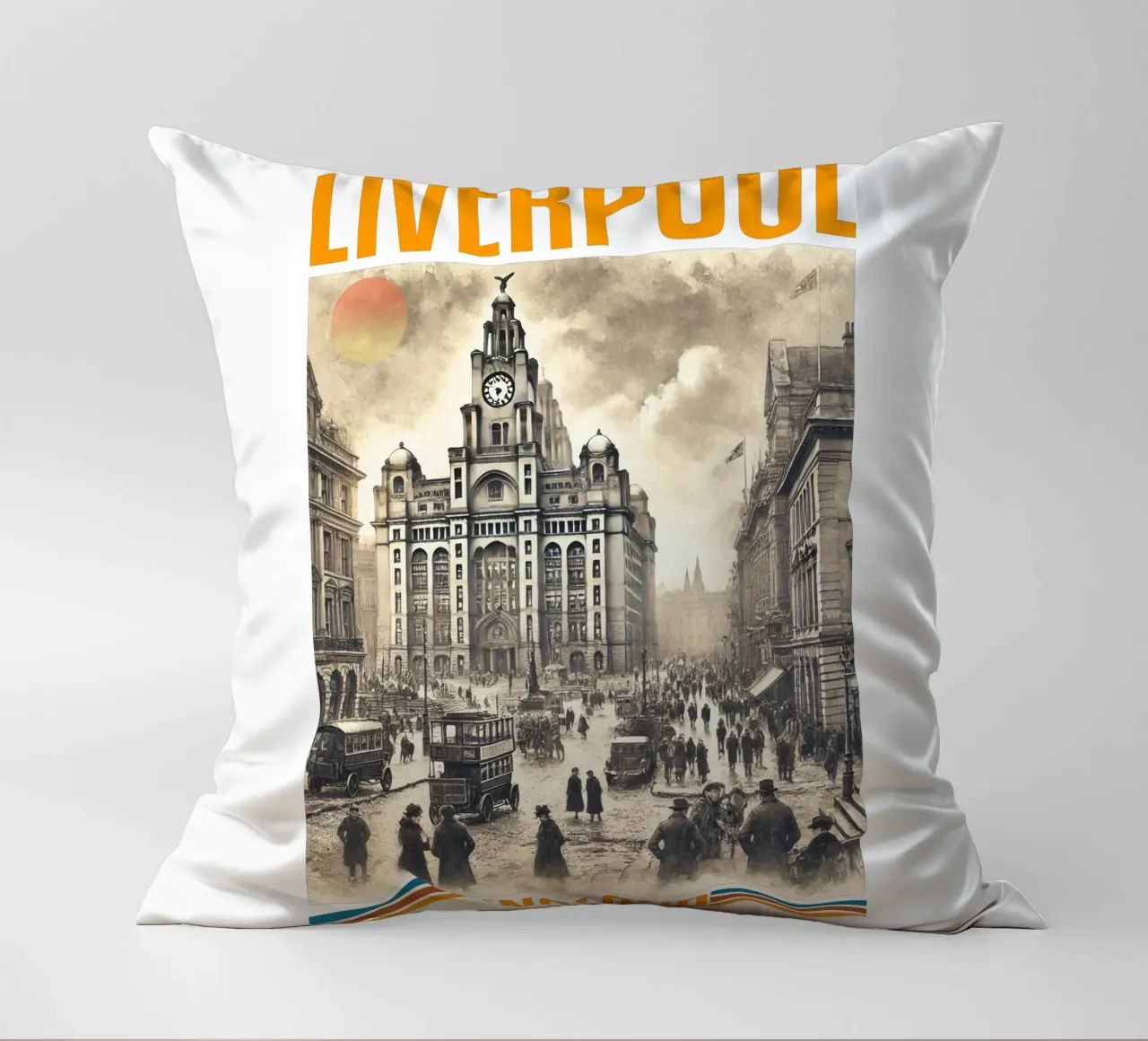 liverpool city panorama 70's classic retro decorative cushion by theganduls
