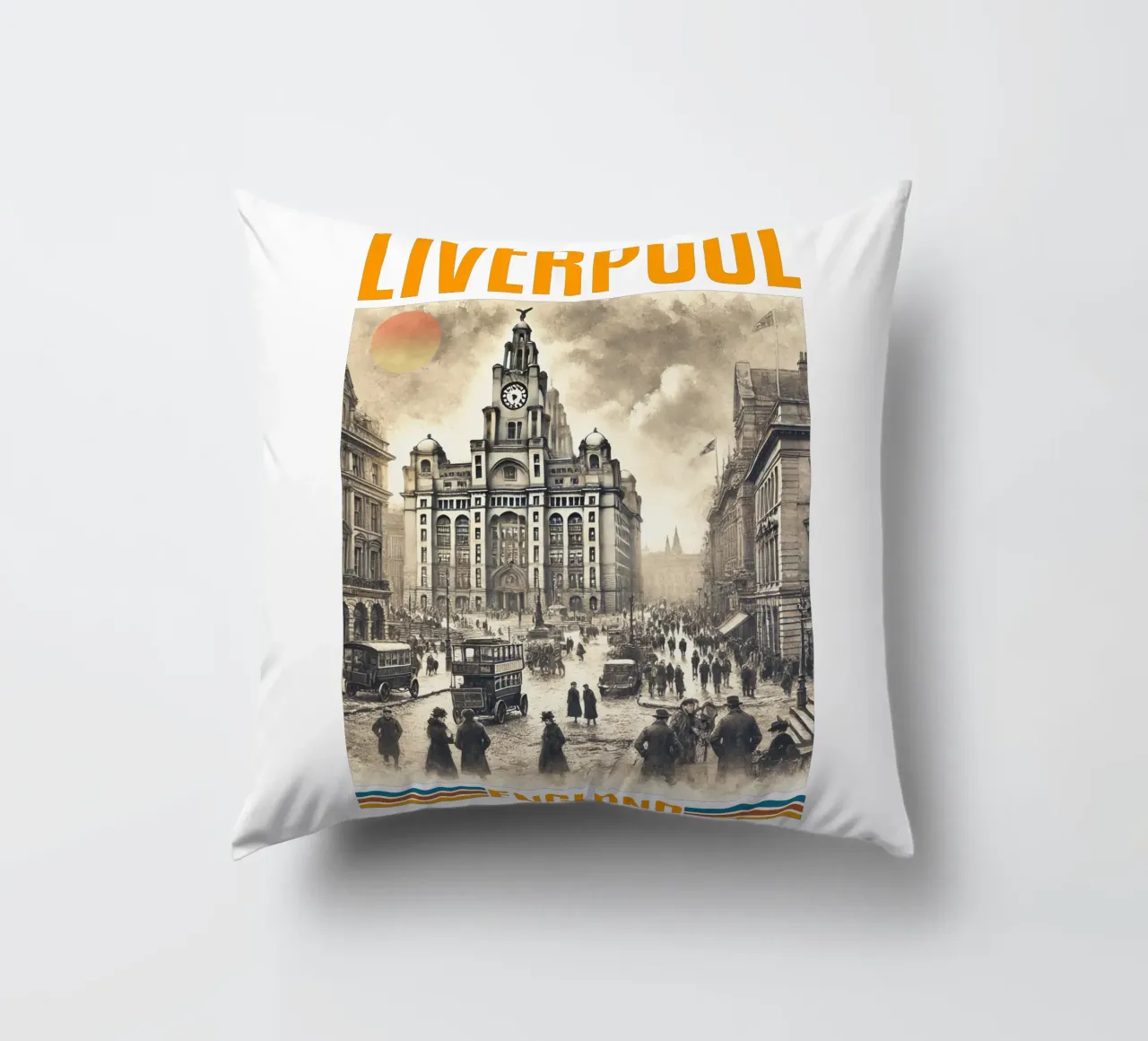 liverpool city panorama 70's classic retro decorative cushion by theganduls