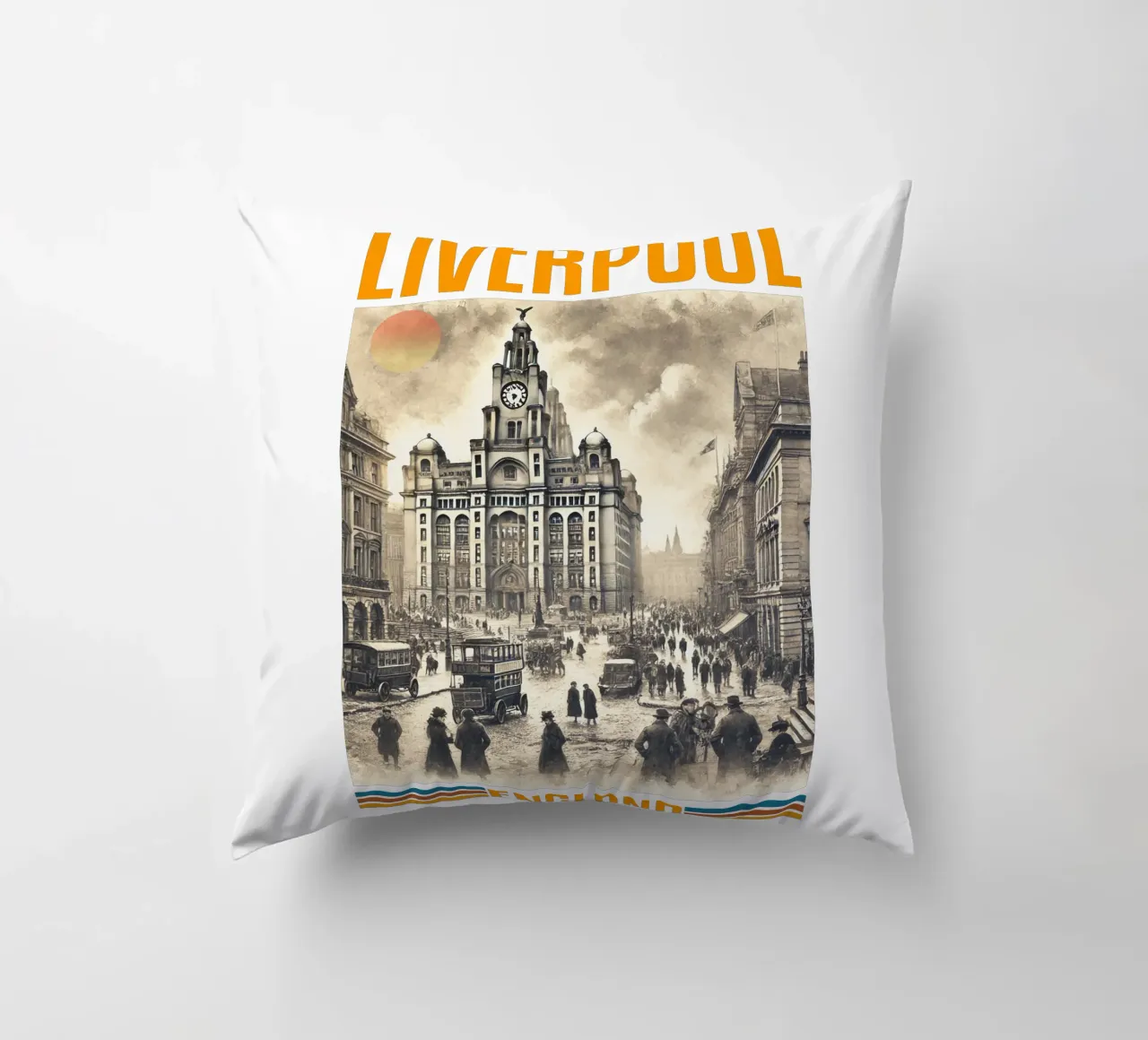 liverpool city panorama 70's classic retro decorative cushion by theganduls