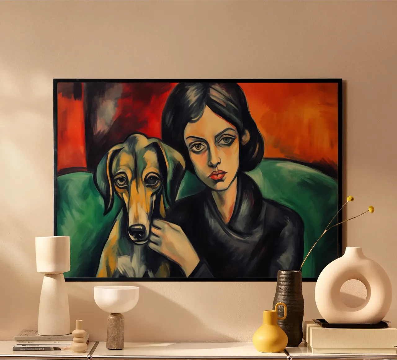 Donna con il suo levriero | Pittura classica poster con telaio in alluminio da Autofocus