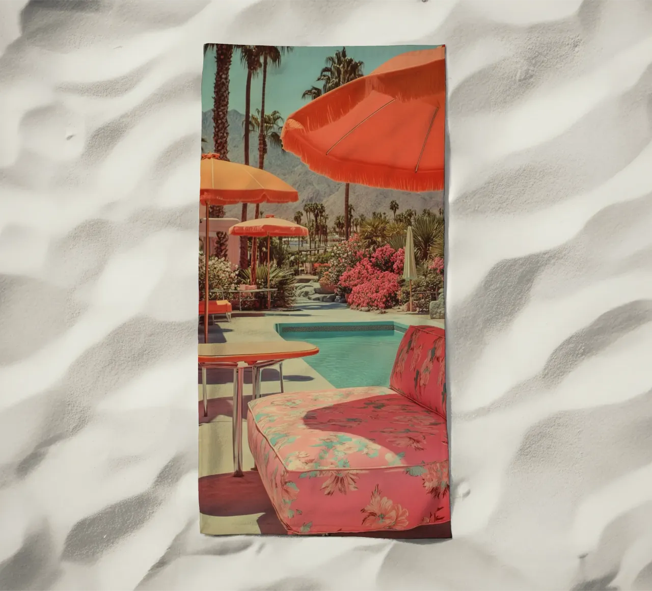 Retro Palm Springs garden idyll beach towel by Carinaprint