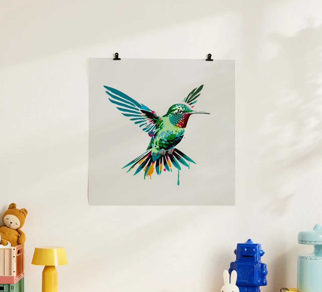 Colibrì colorato in stile stencil poster con telaio in plastica da namosh