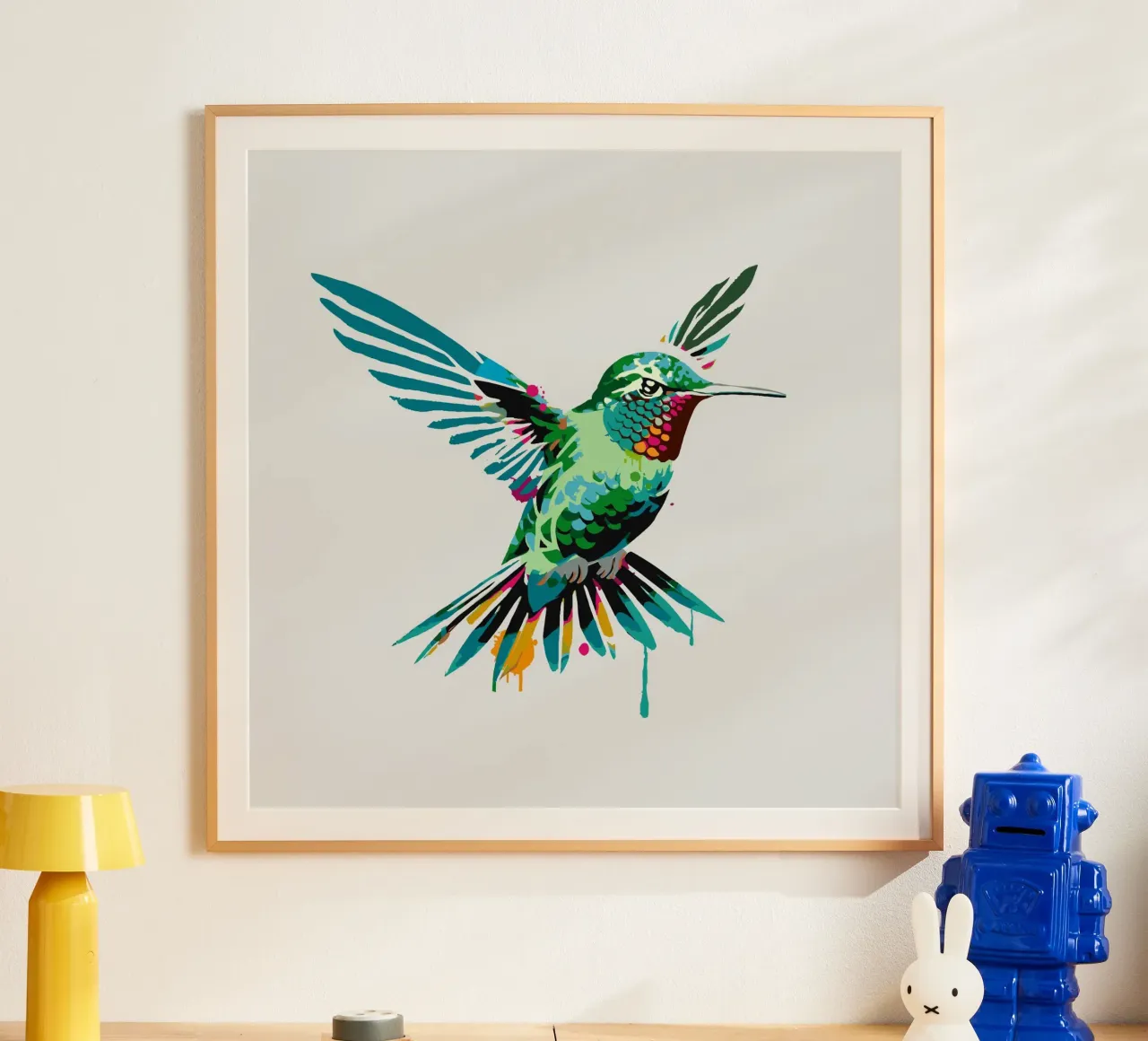 Colibrì colorato in stile stencil poster con telaio in plastica da namosh