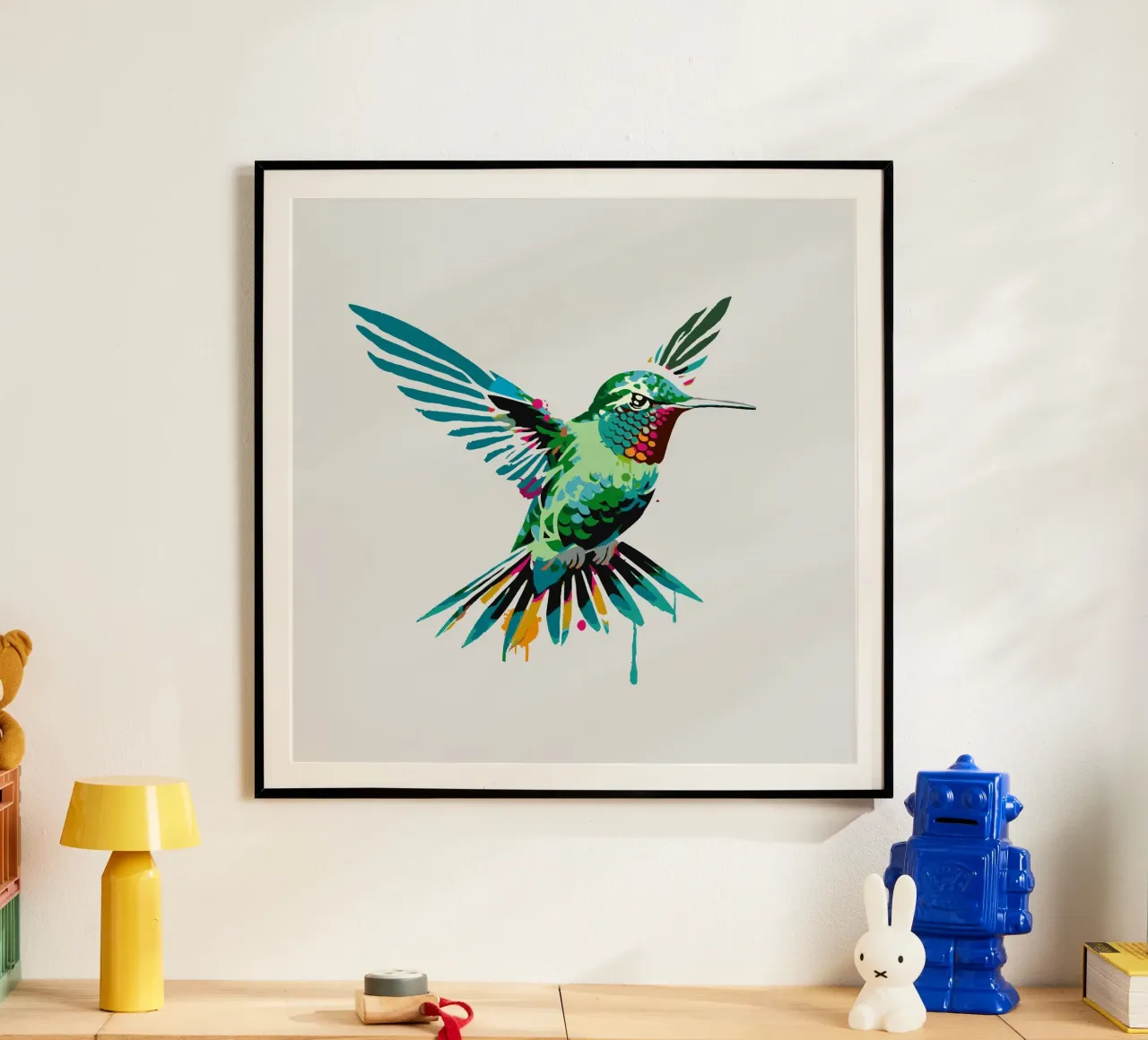 Colibrì colorato in stile stencil poster con telaio in plastica da namosh