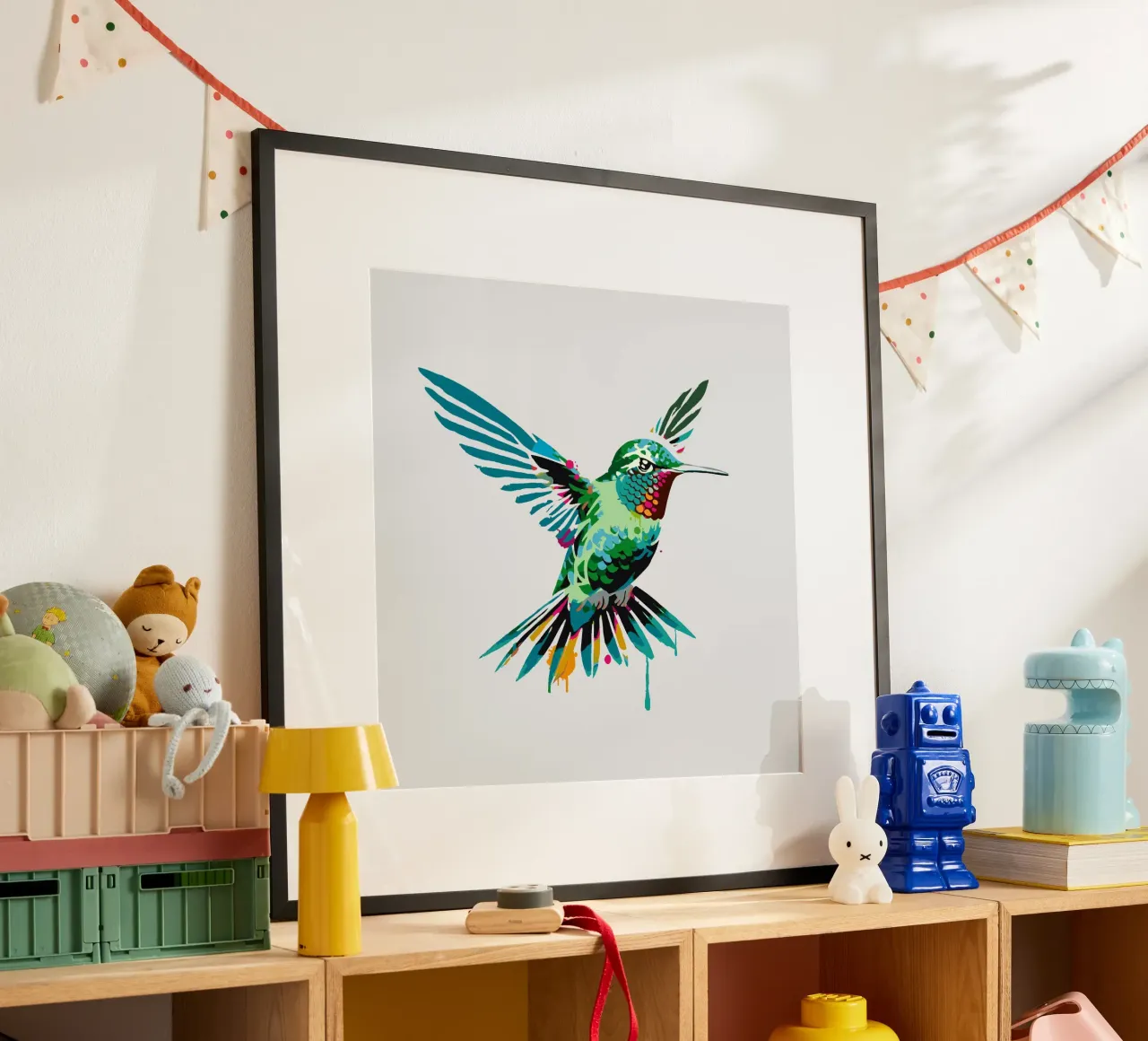 Colibrì colorato in stile stencil poster con telaio in plastica da namosh