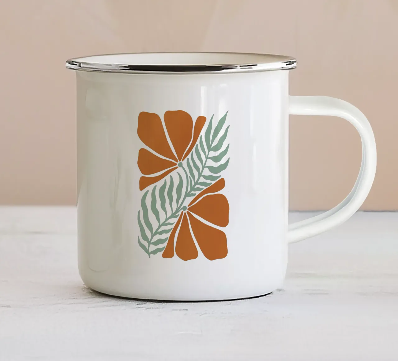 Modern Abstract Orange Floral Art, Botanical Wall Print tazza in smalto da Studio Mooodz