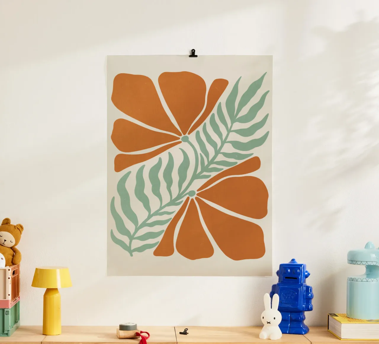Modern Abstract Orange Floral Art, Botanical Wall Print poster da Studio Mooodz