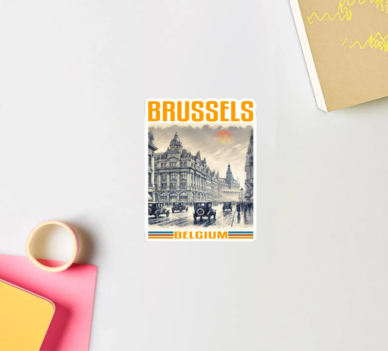 panorama della città di bruxelles anni '70 classico retrò adesivo da theganduls