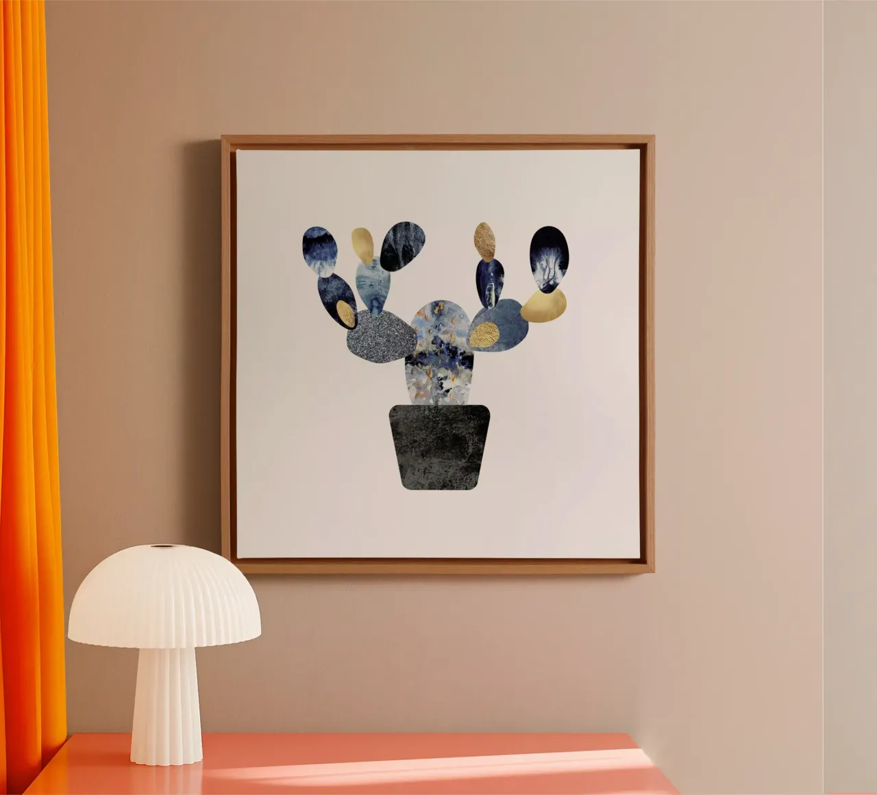 Blue and Gold Cactus canvas met Baklijst van Elisabeth Fredriksson