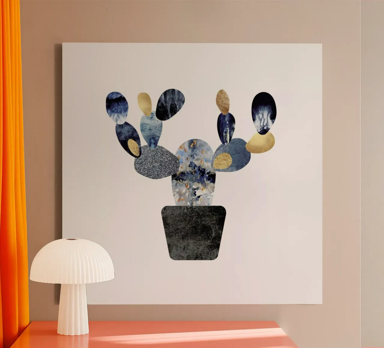 Blue and Gold Cactus canvas met Baklijst van Elisabeth Fredriksson