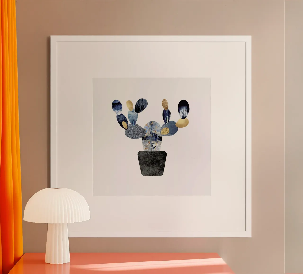 Blue and Gold Cactus poster con telaio in legno da Elisabeth Fredriksson