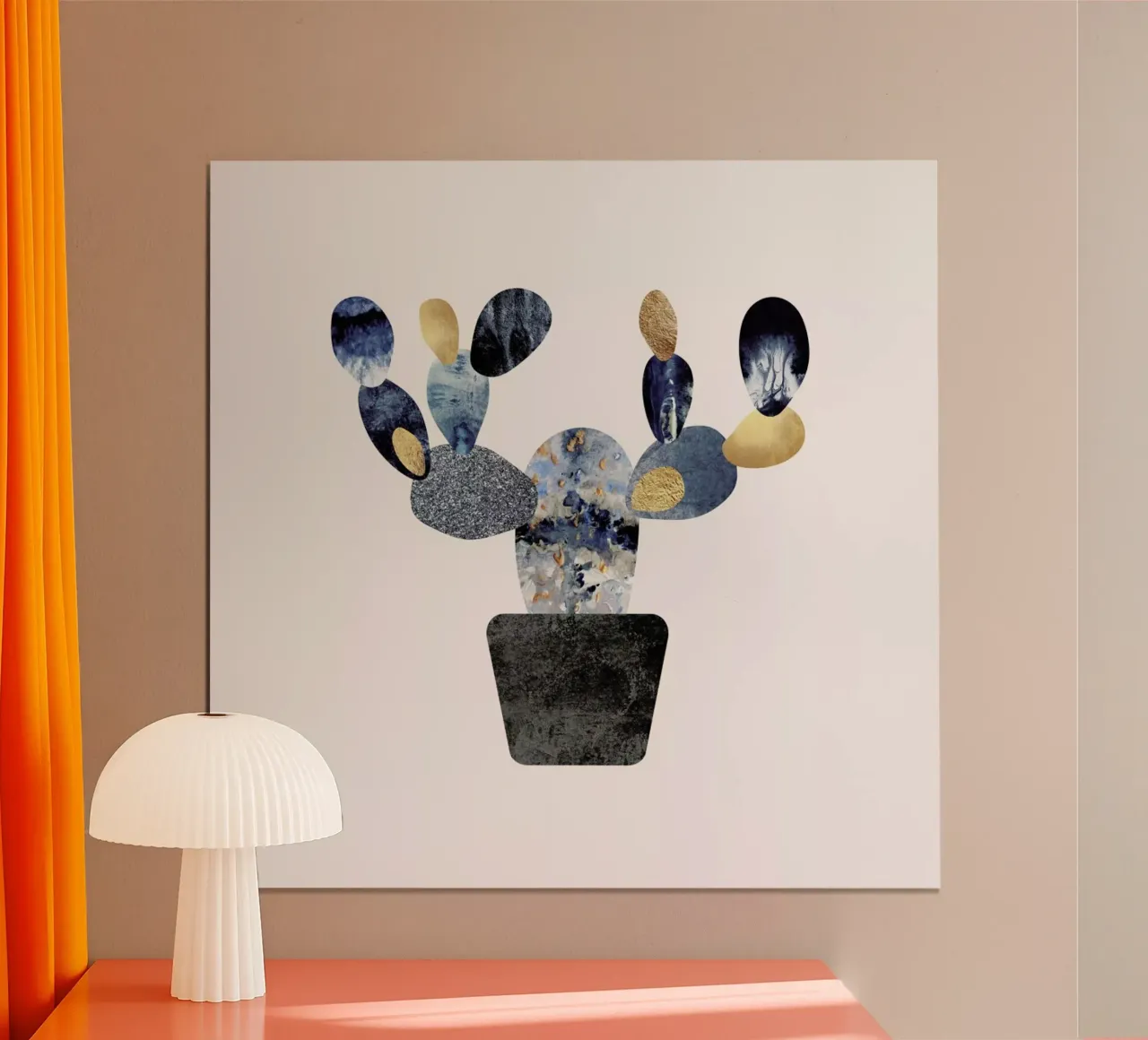Blue and Gold Cactus poster con telaio in legno da Elisabeth Fredriksson