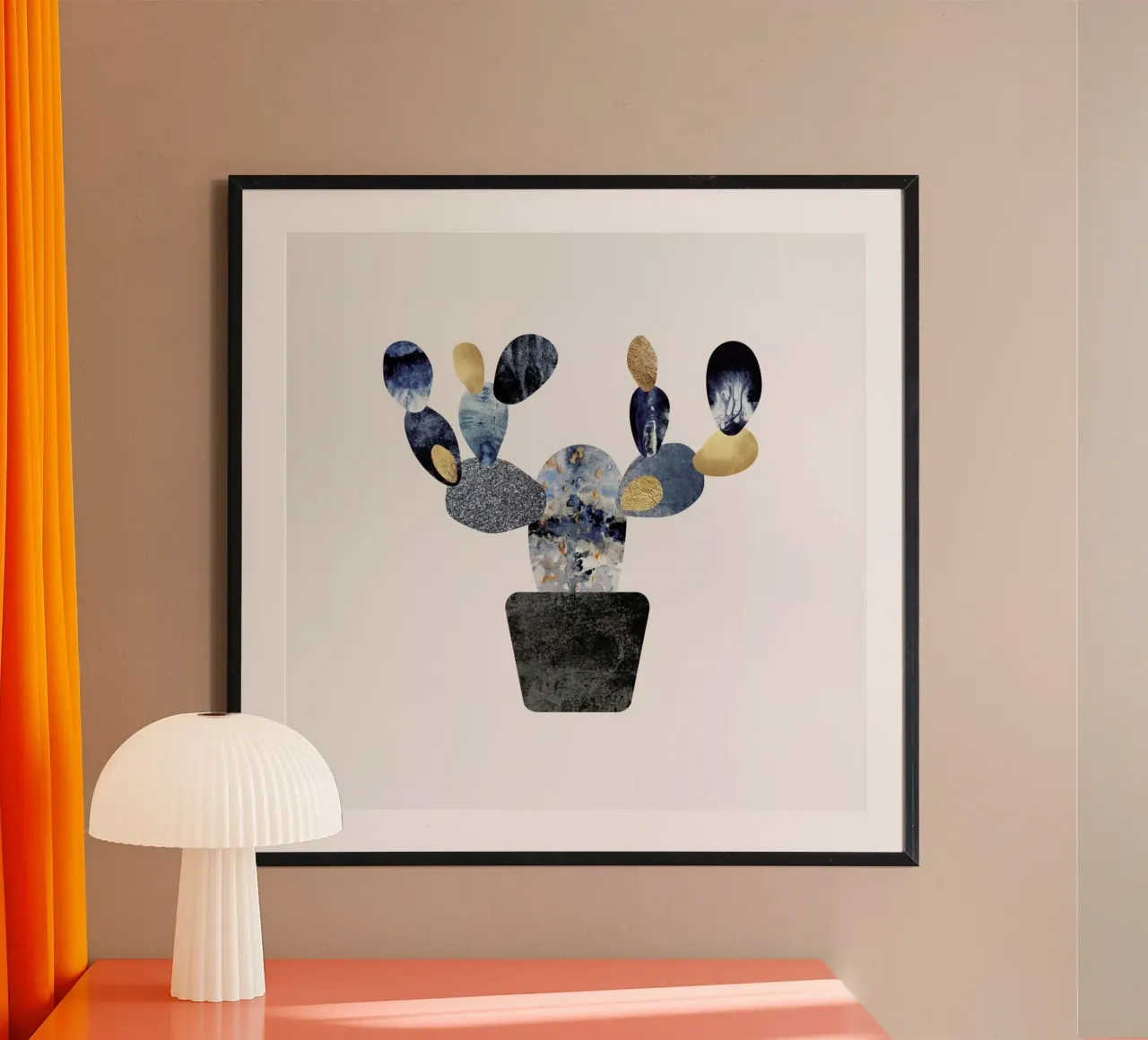 Blue and Gold Cactus poster con telaio in legno da Elisabeth Fredriksson