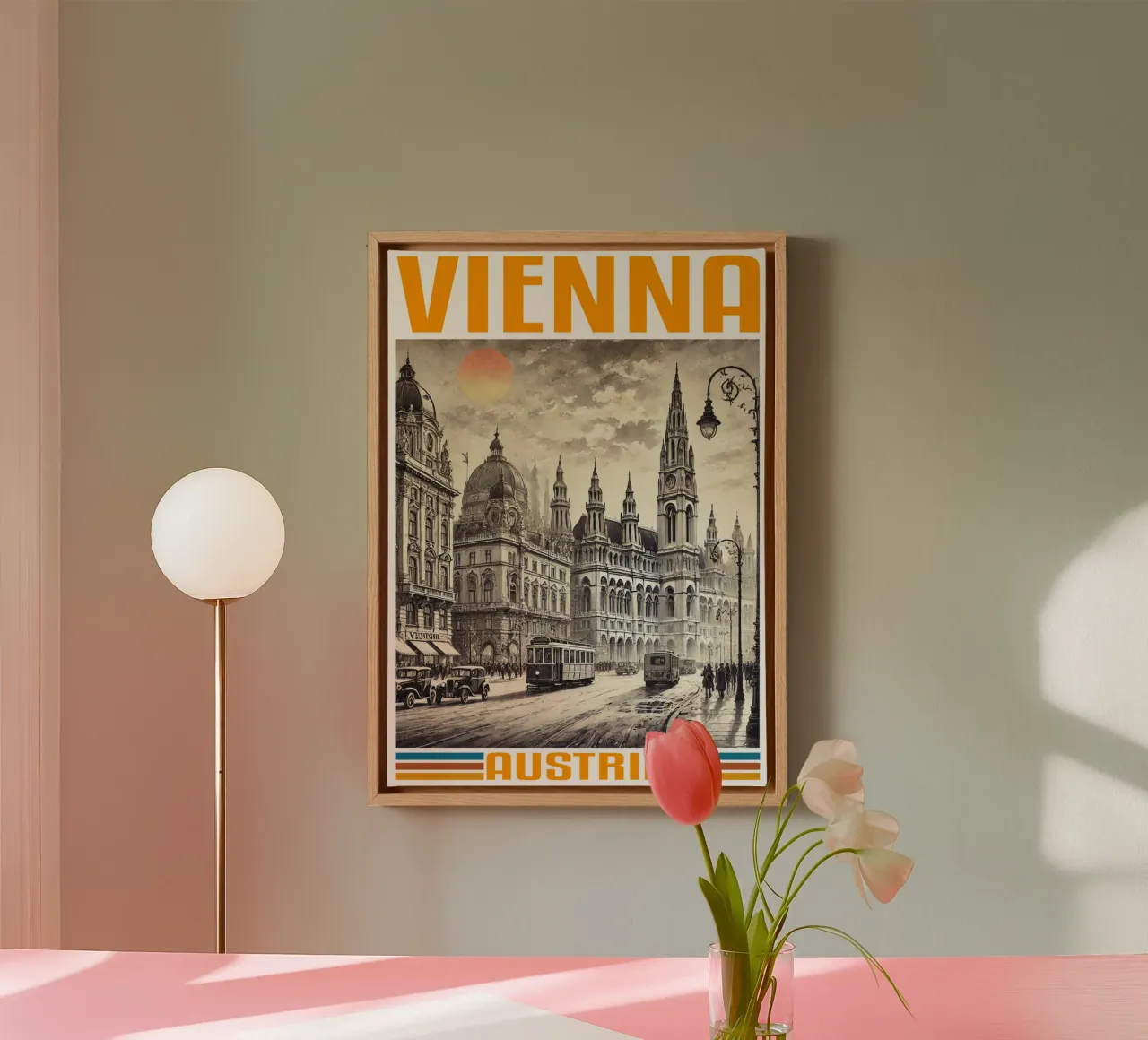 wenen stadspanorama 70's klassiek retro canvas met Baklijst van theganduls
