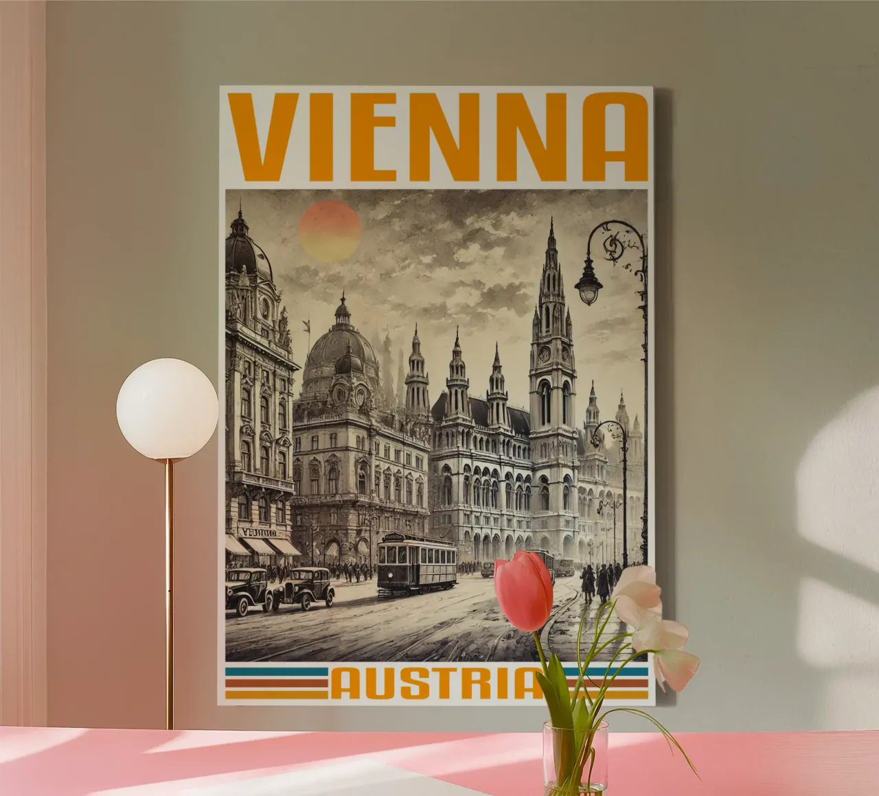 wenen stadspanorama 70's klassiek retro canvas met Baklijst van theganduls